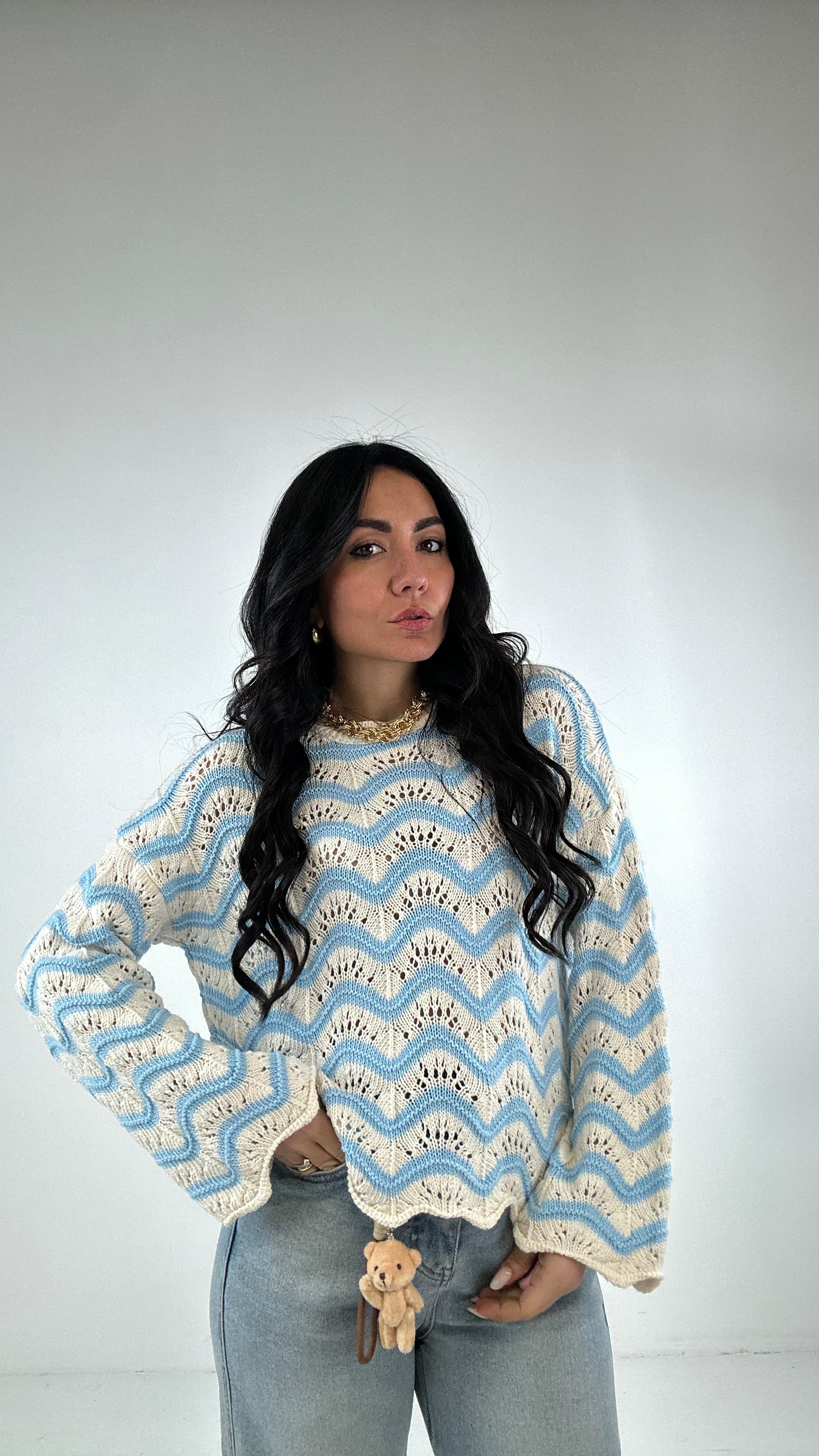 Pull TRAFORATO A RIGHE - CELESTE