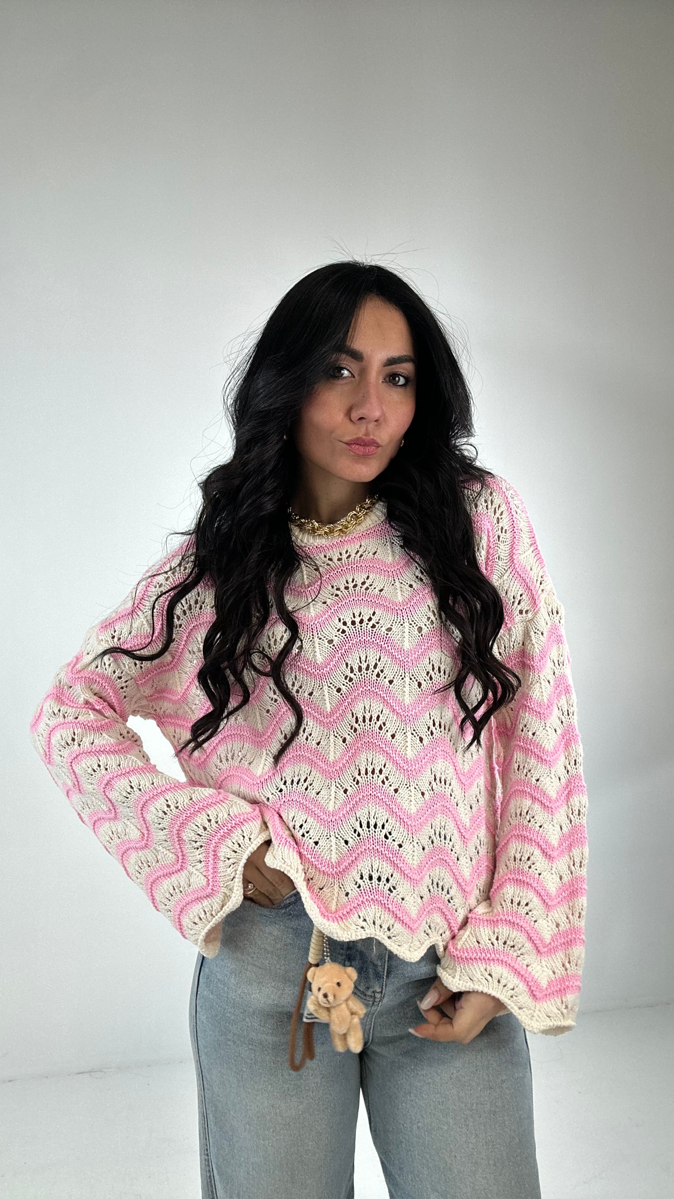 Pull TRAFORATO A RIGHE - ROSA