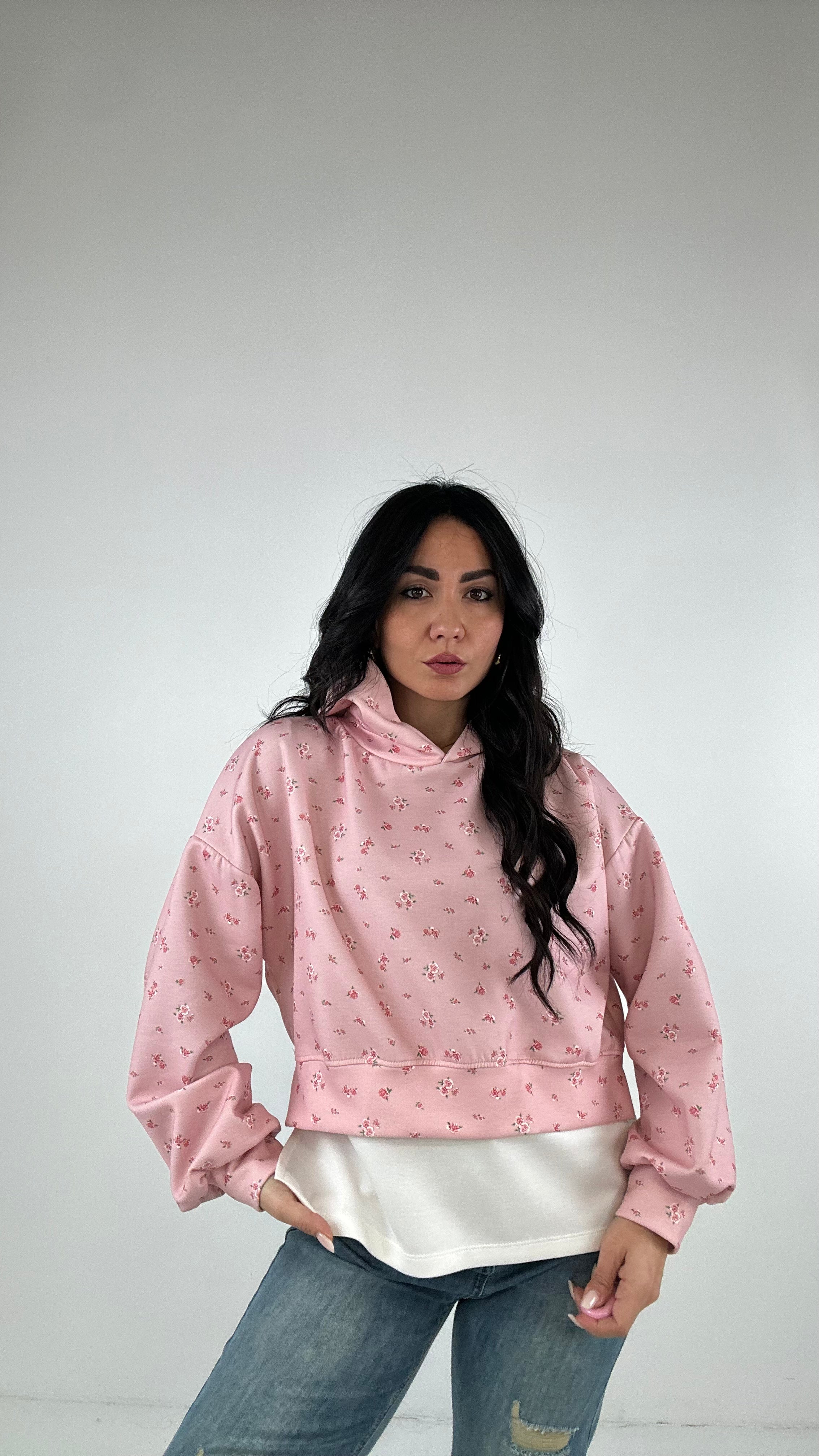 Felpa A FIORI CON CAPPUCCIO - ROSA