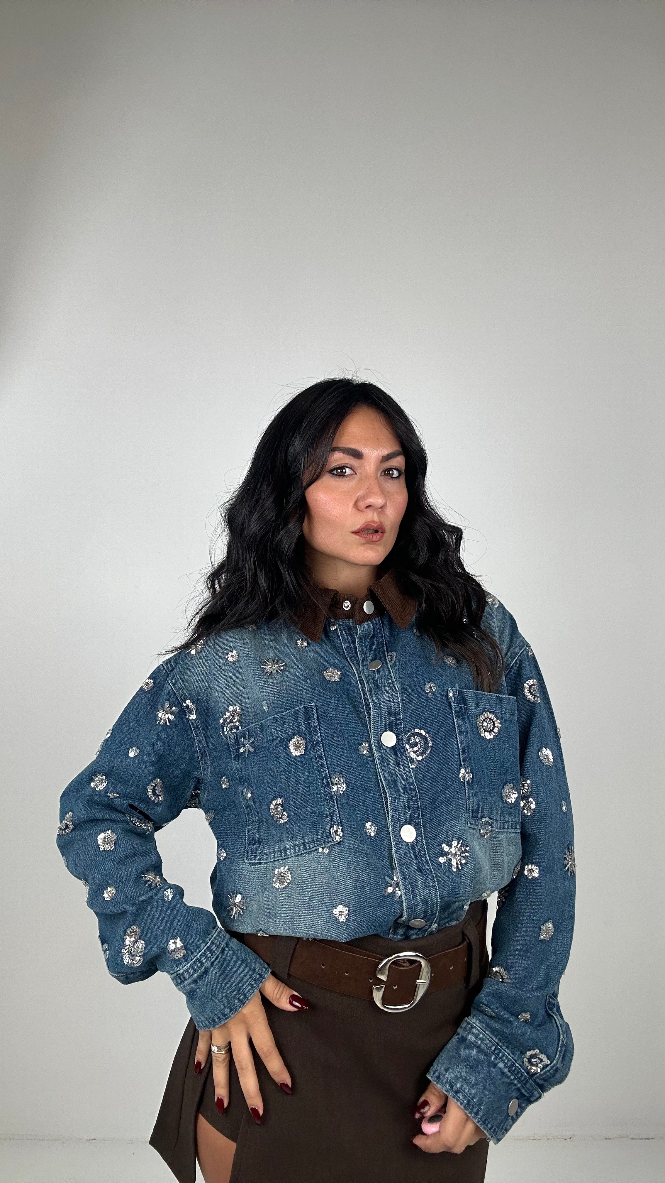 PREORDINE Camicia STRASS COLLO IN VELLUTO - JEANS