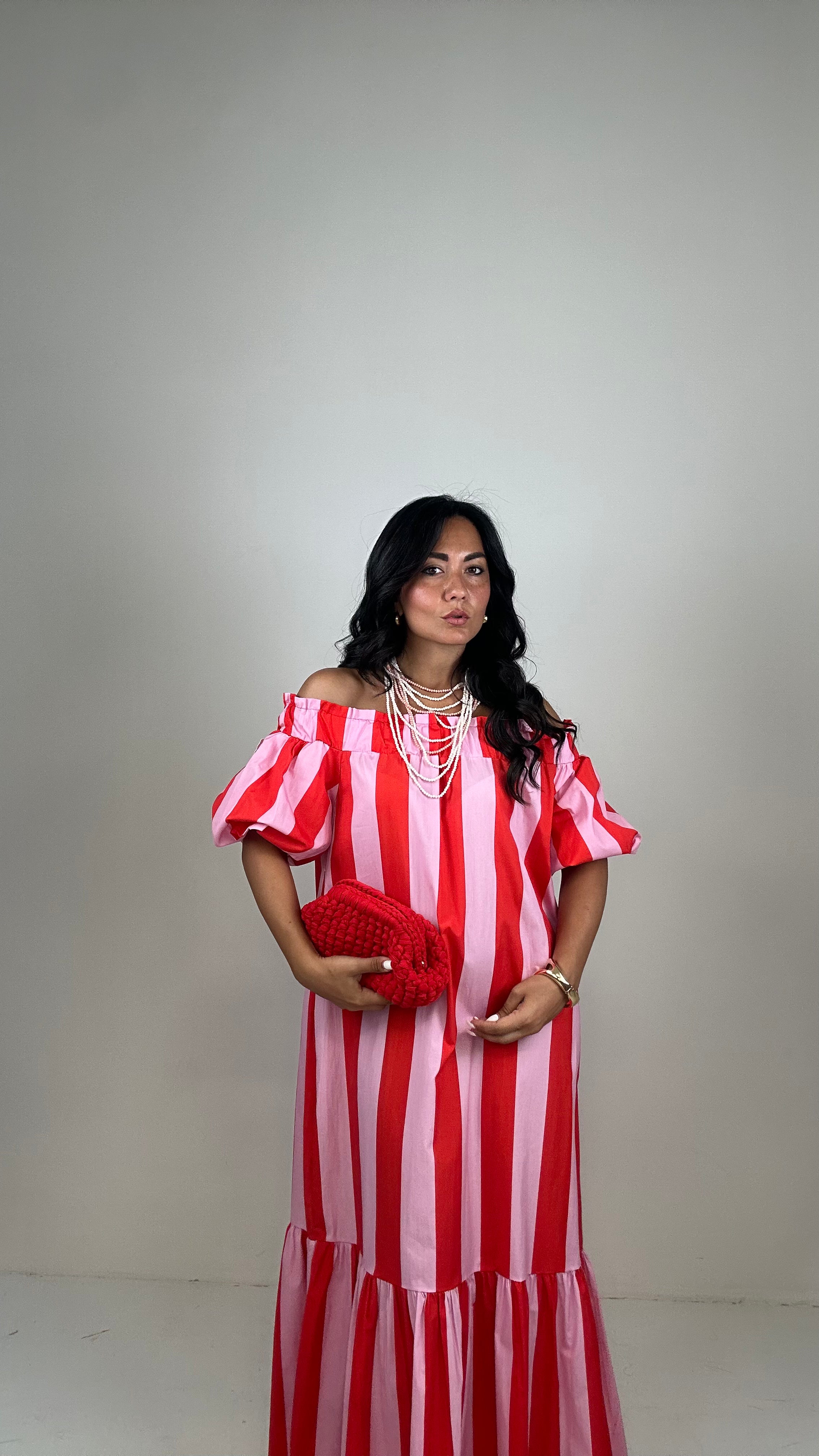 Vestito A RIGHE MANICA PALLONCINO - ROSSO