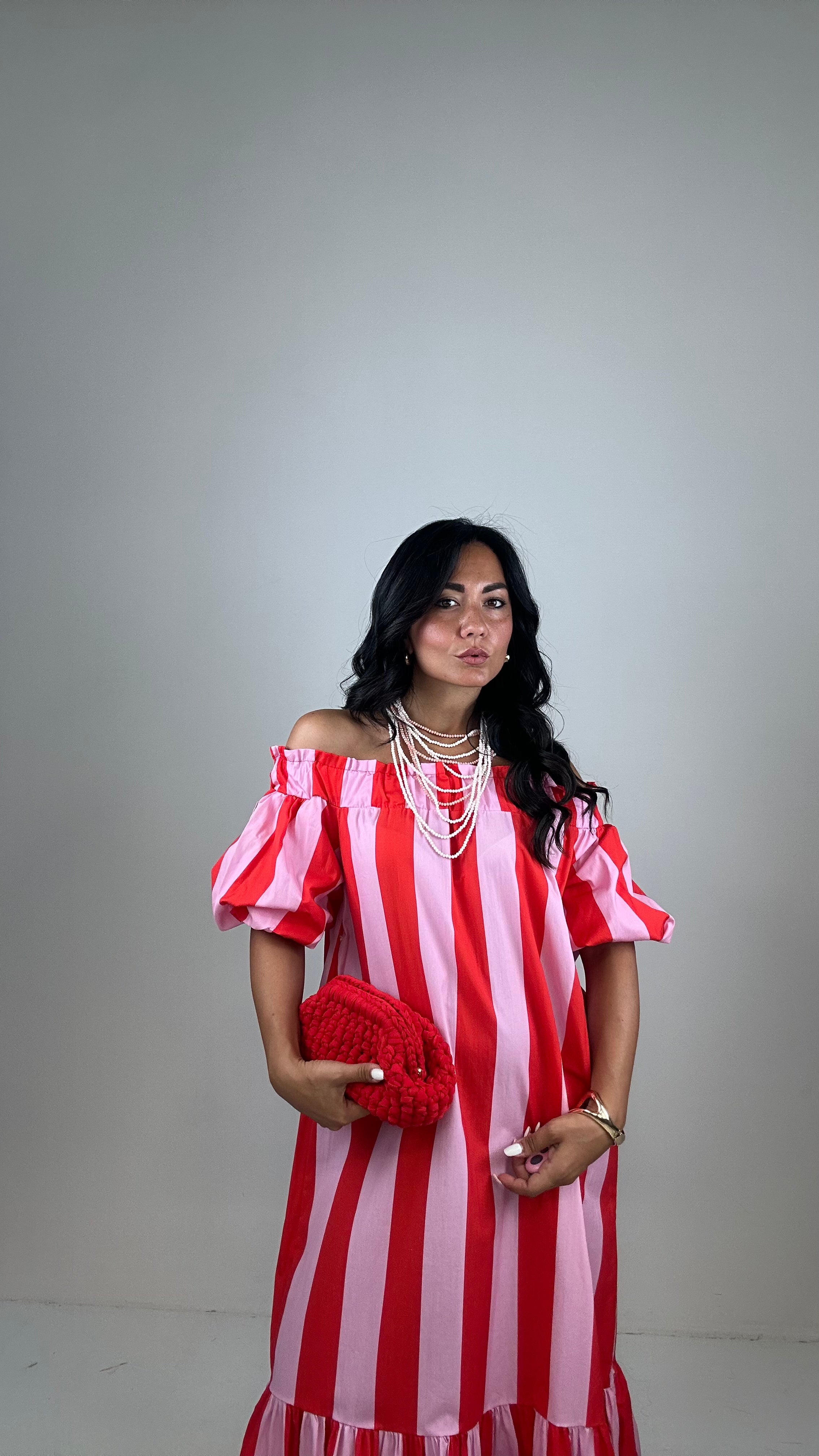 Vestito A RIGHE MANICA PALLONCINO - ROSSO