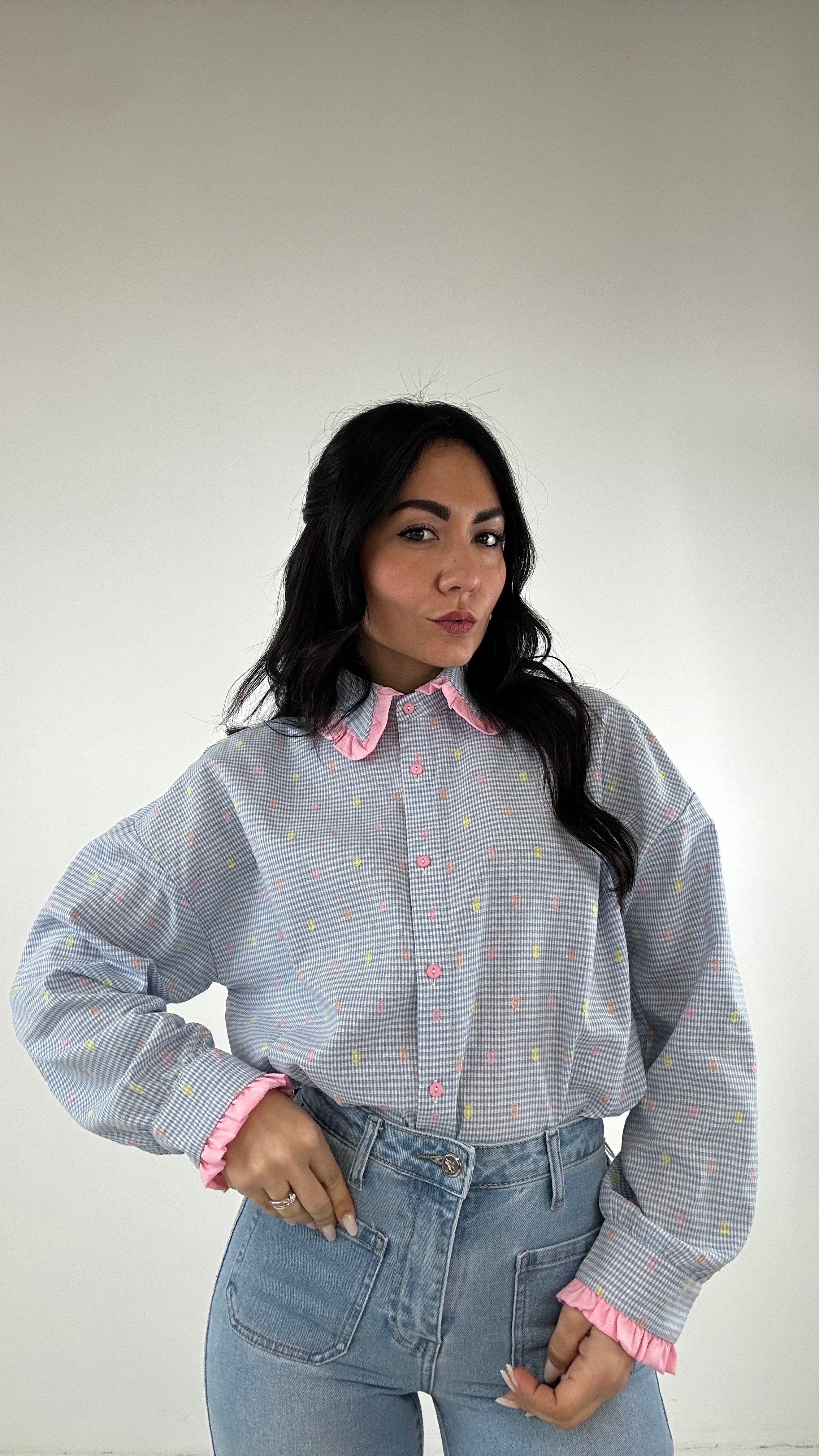 Camicia QUADRETTINI COLLO RICCETTO - CELESTE