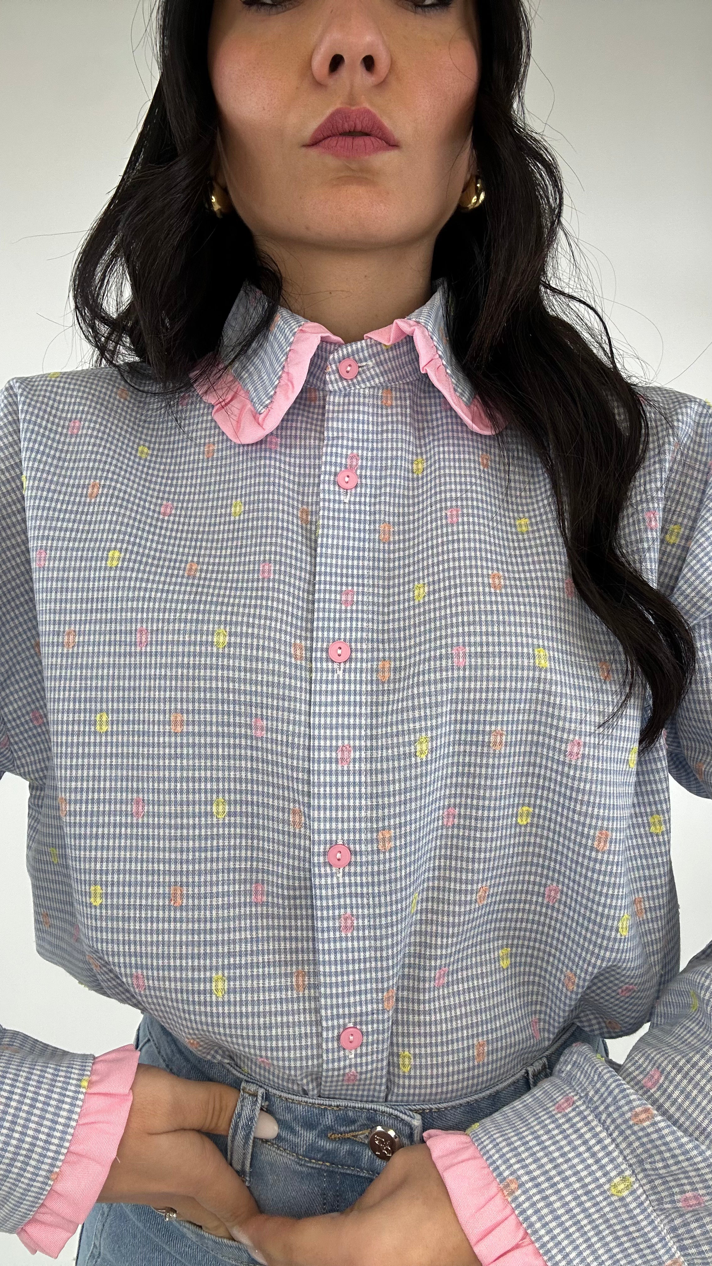 Camicia QUADRETTINI COLLO RICCETTO - CELESTE