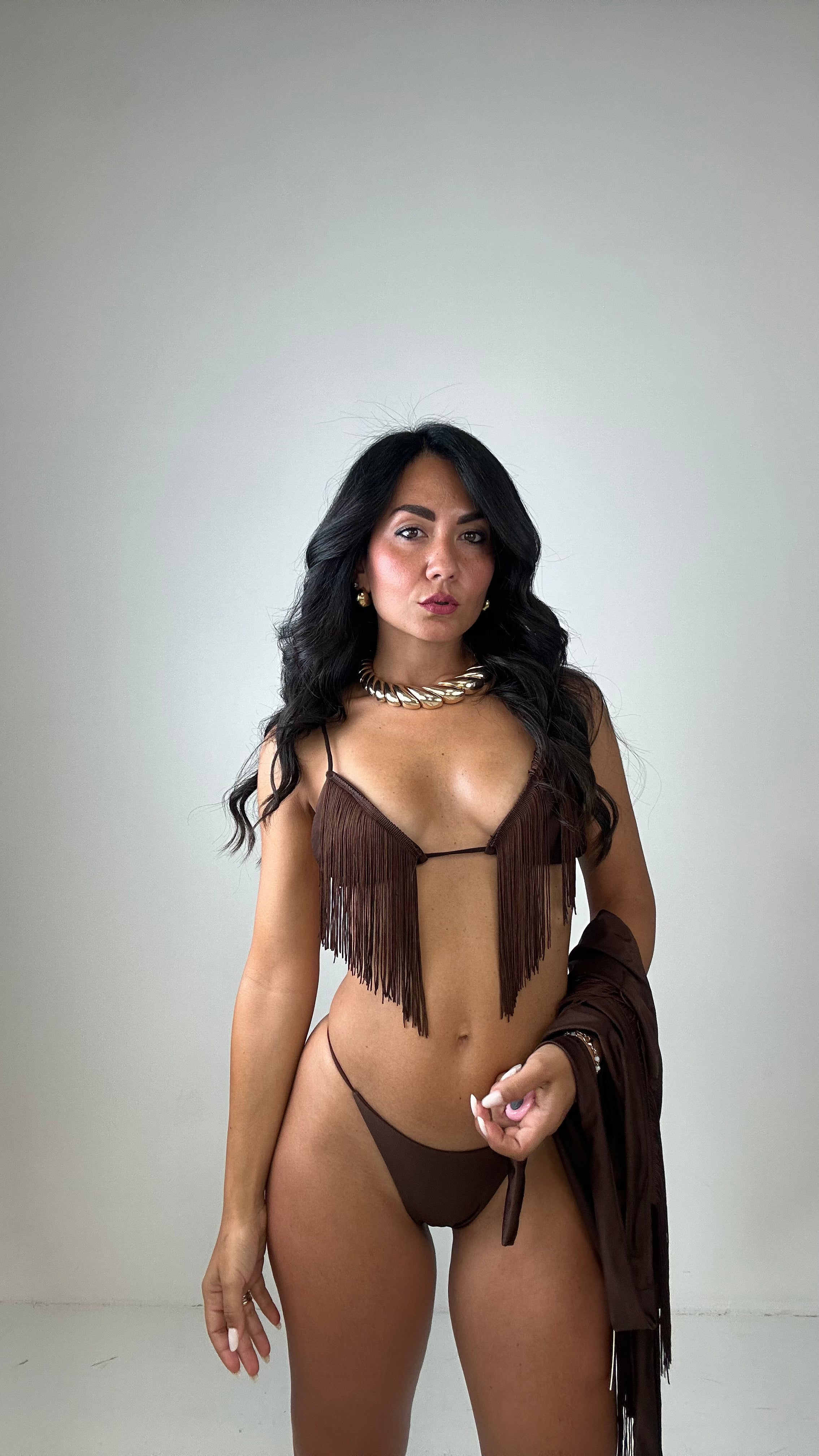 Completo BIKINI PAREO FRANGE - MARRONE