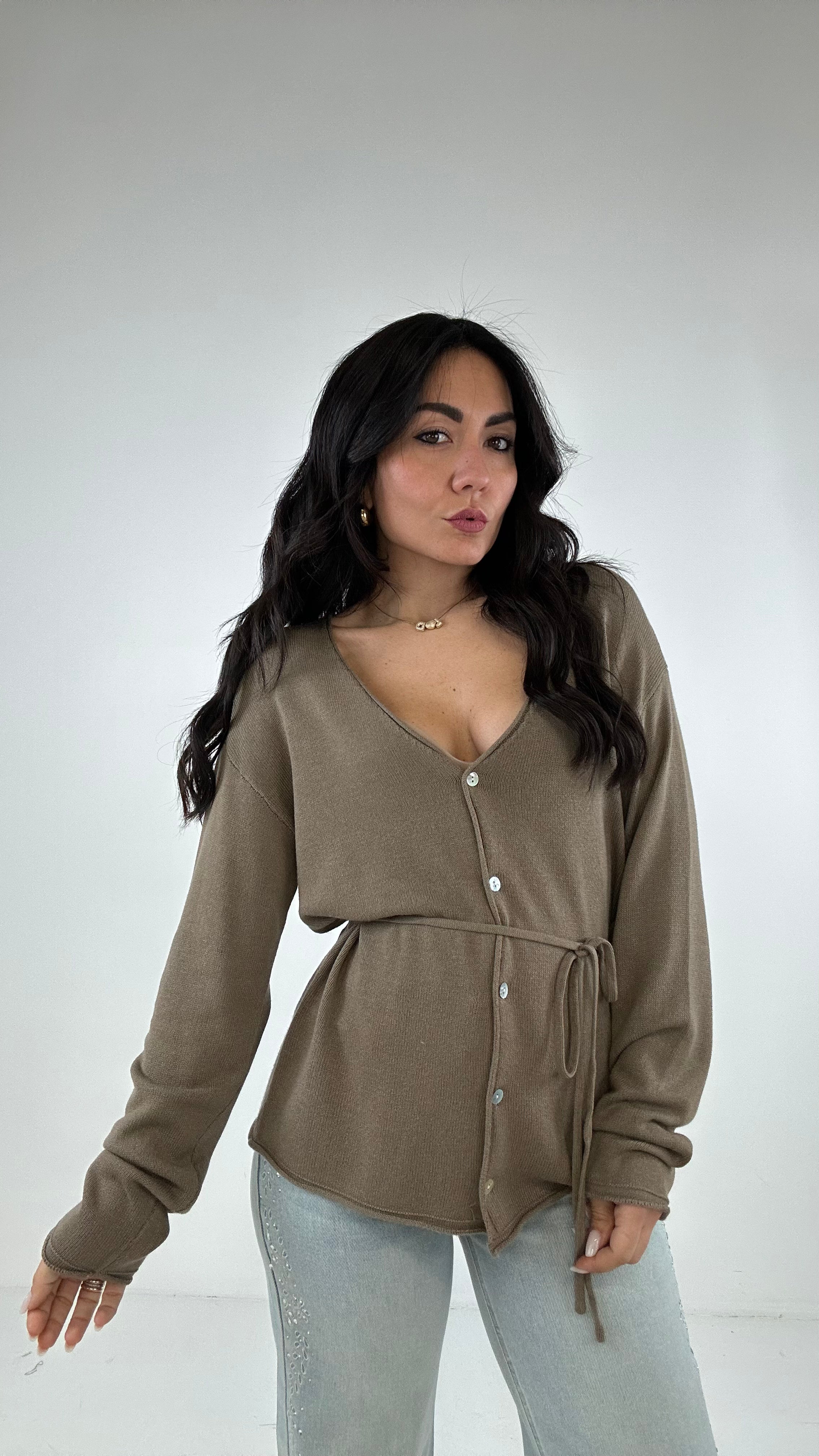 Cardigan BOTTONCINO E CINTURINO - KHAKI