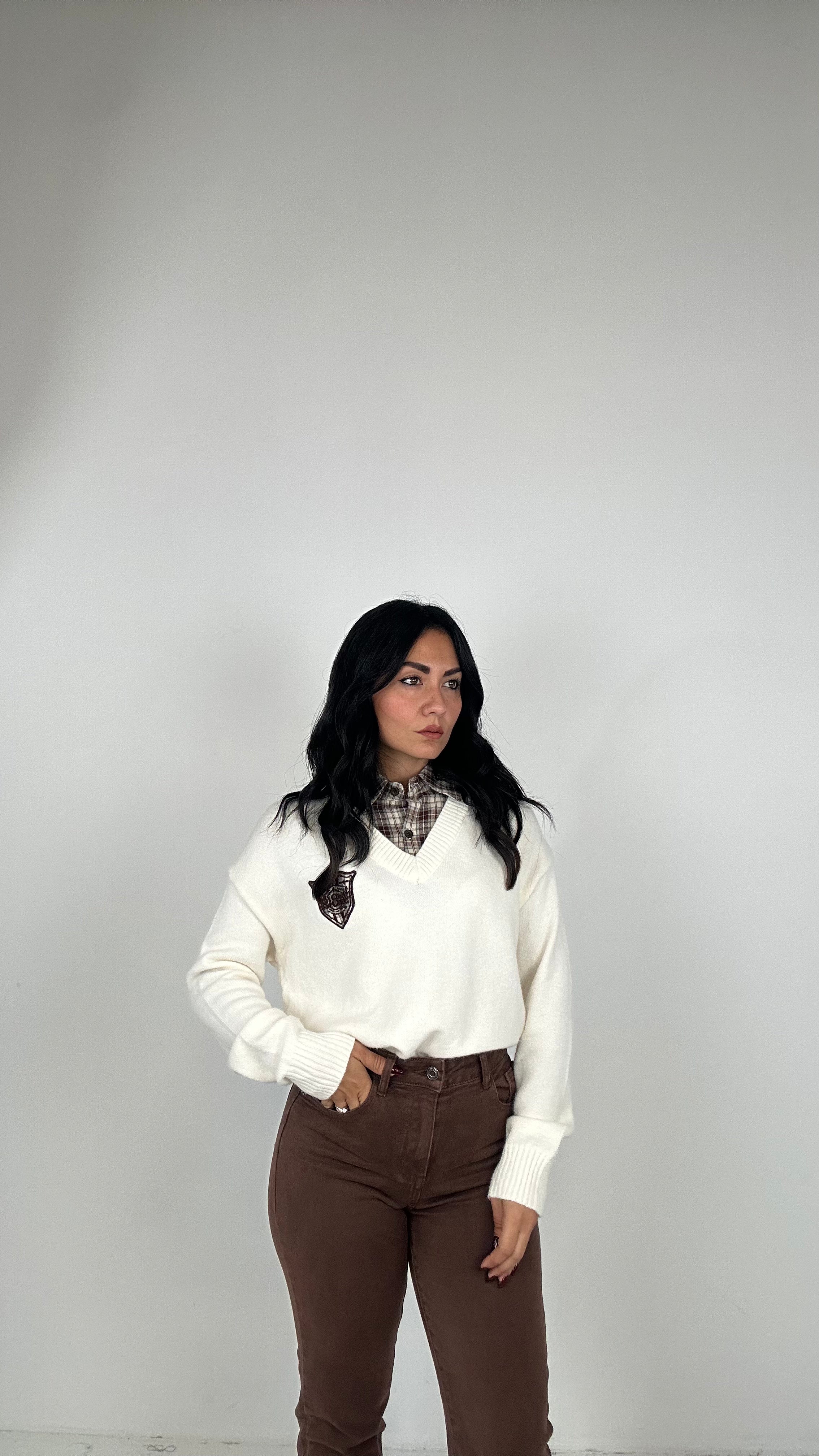 Pull CON COLLO CAMICIA A QUADRI - PANNA