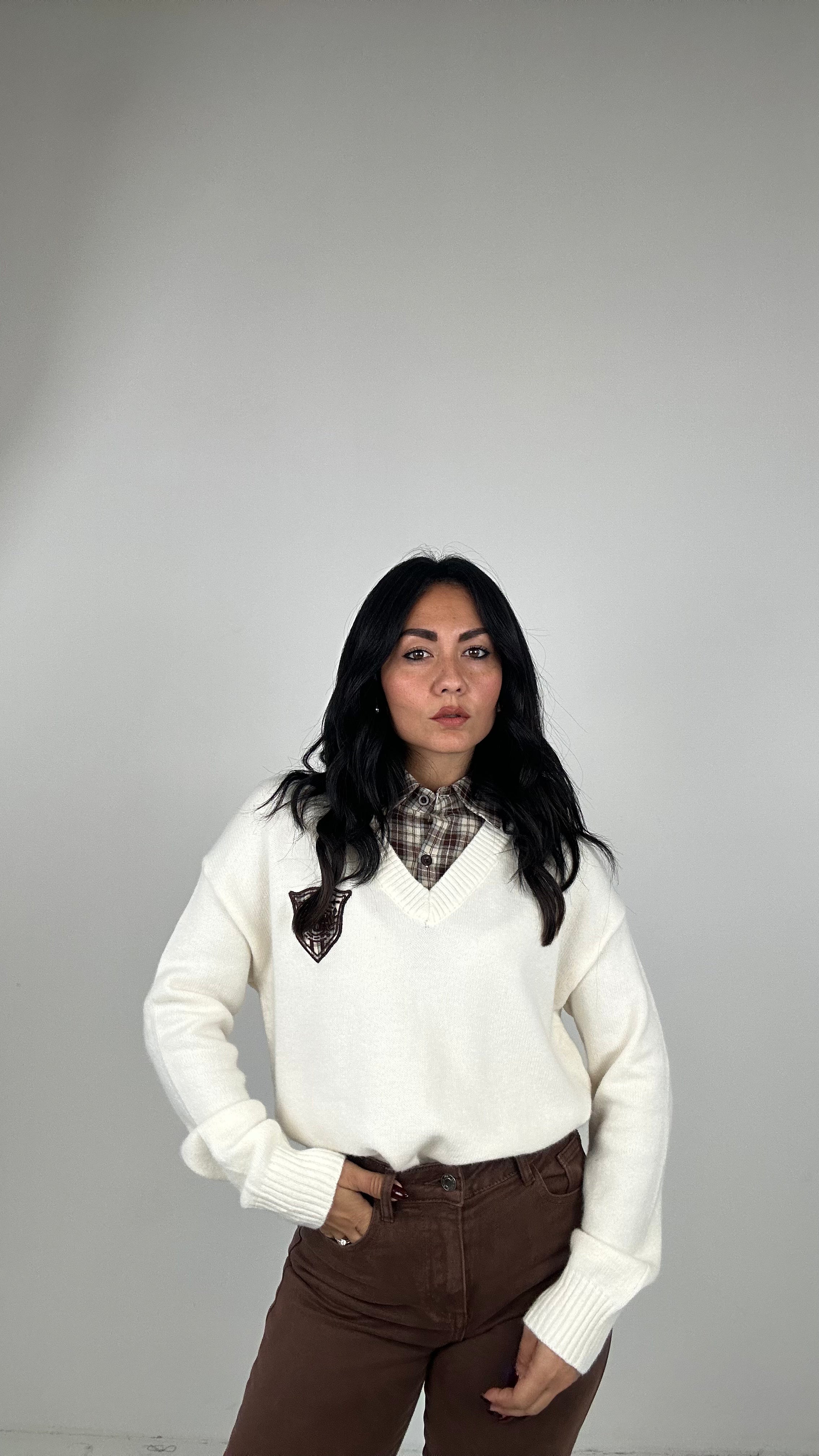 Pull CON COLLO CAMICIA A QUADRI - PANNA