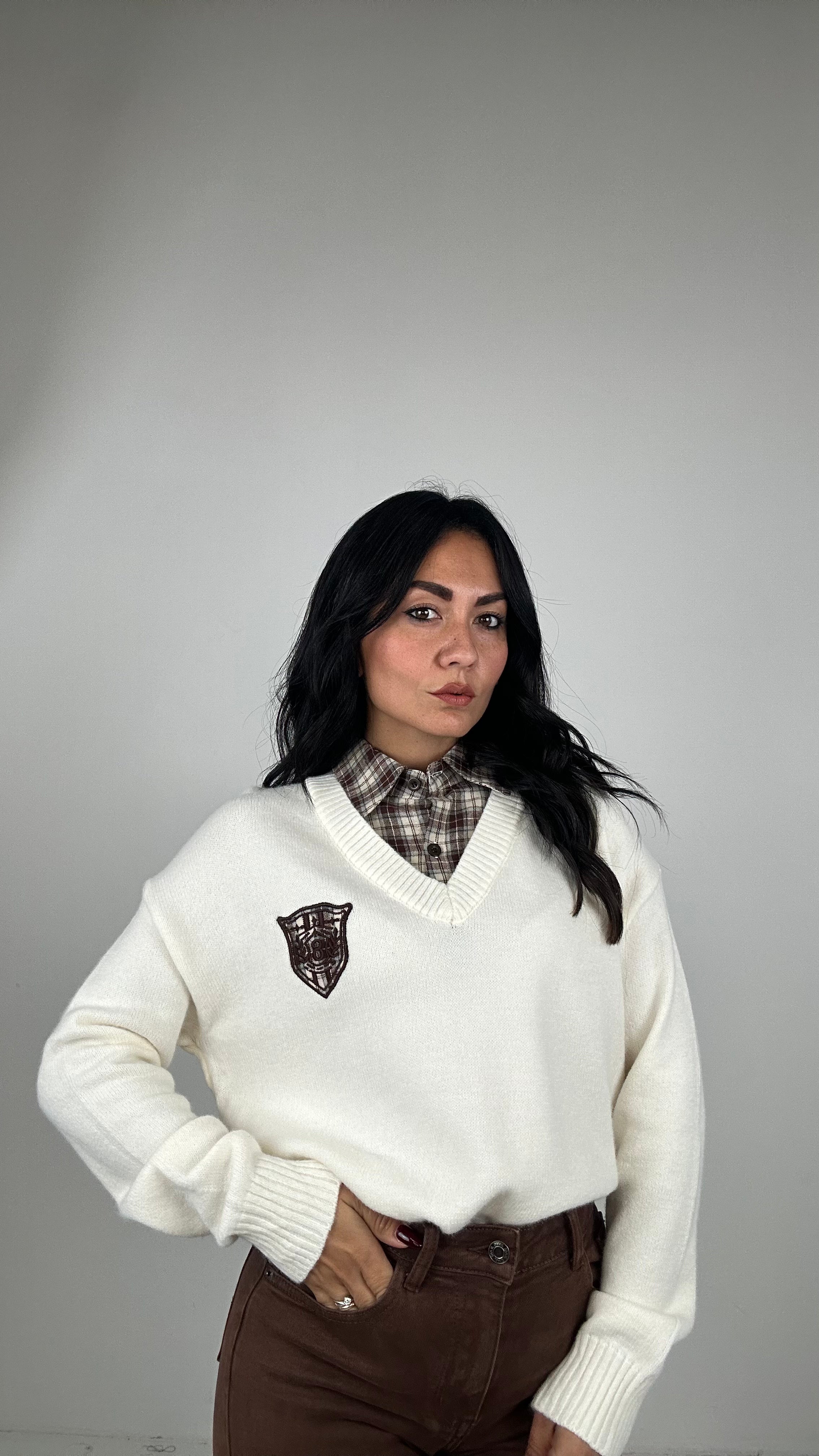 Pull CON COLLO CAMICIA A QUADRI - PANNA