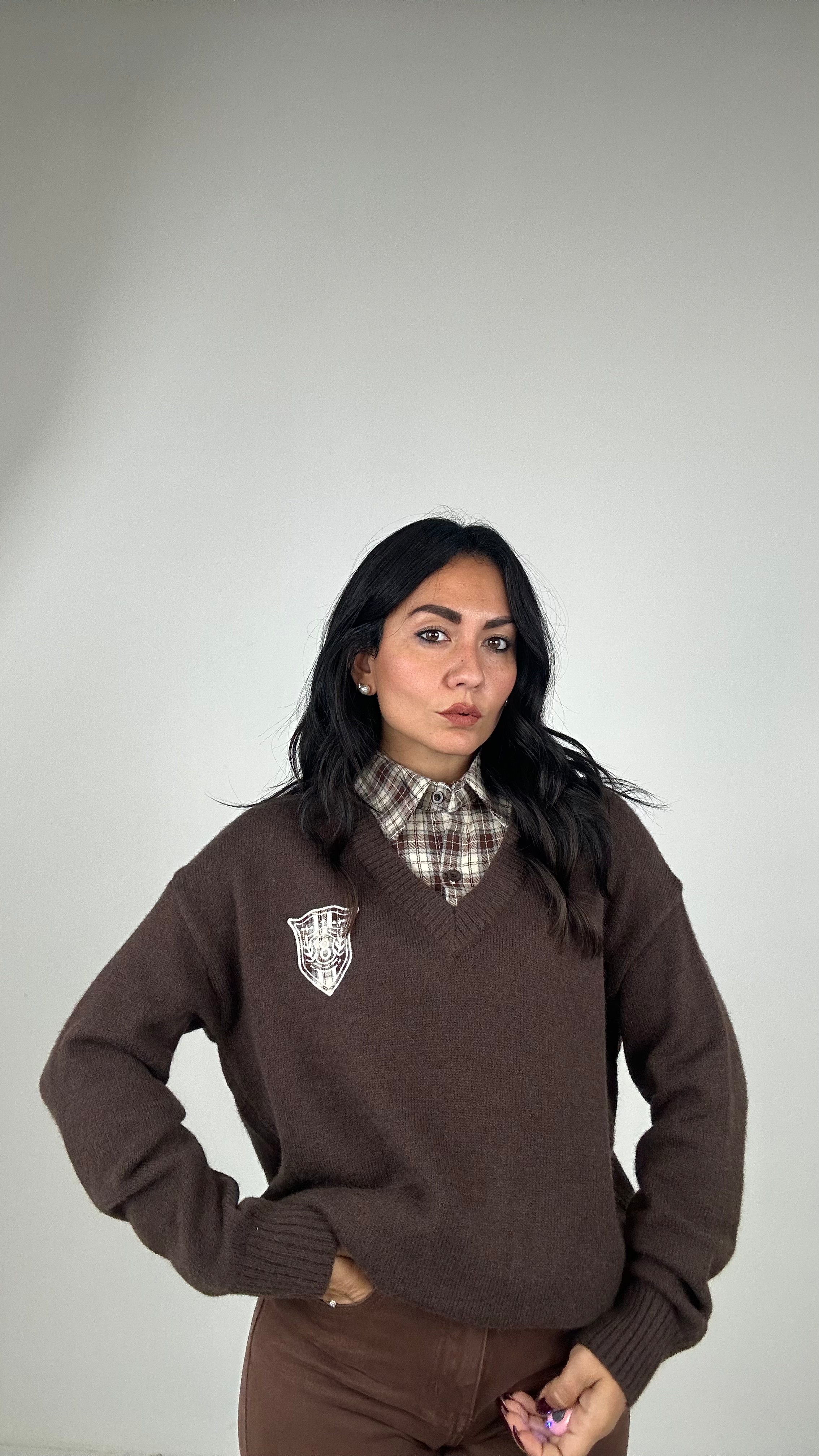 Pull CON COLLO CAMICIA A QUADRI - MARRONE