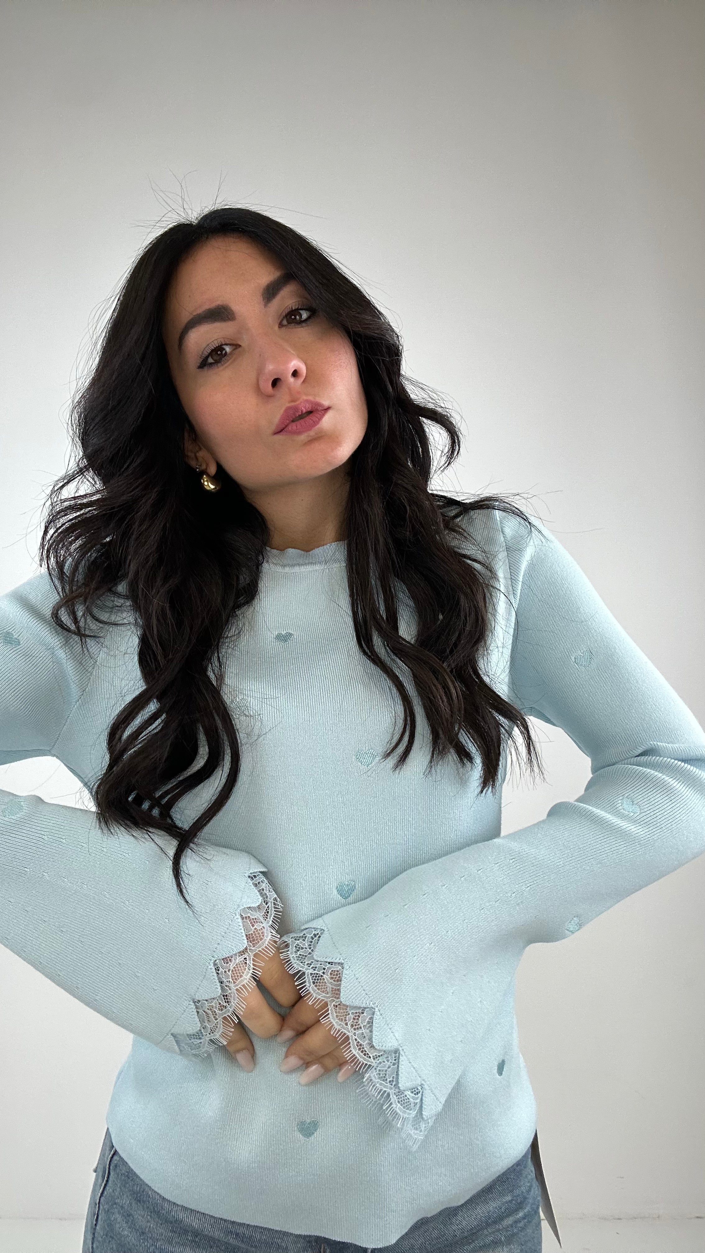 Pull LEGGERO CUORICINI - CELESTE