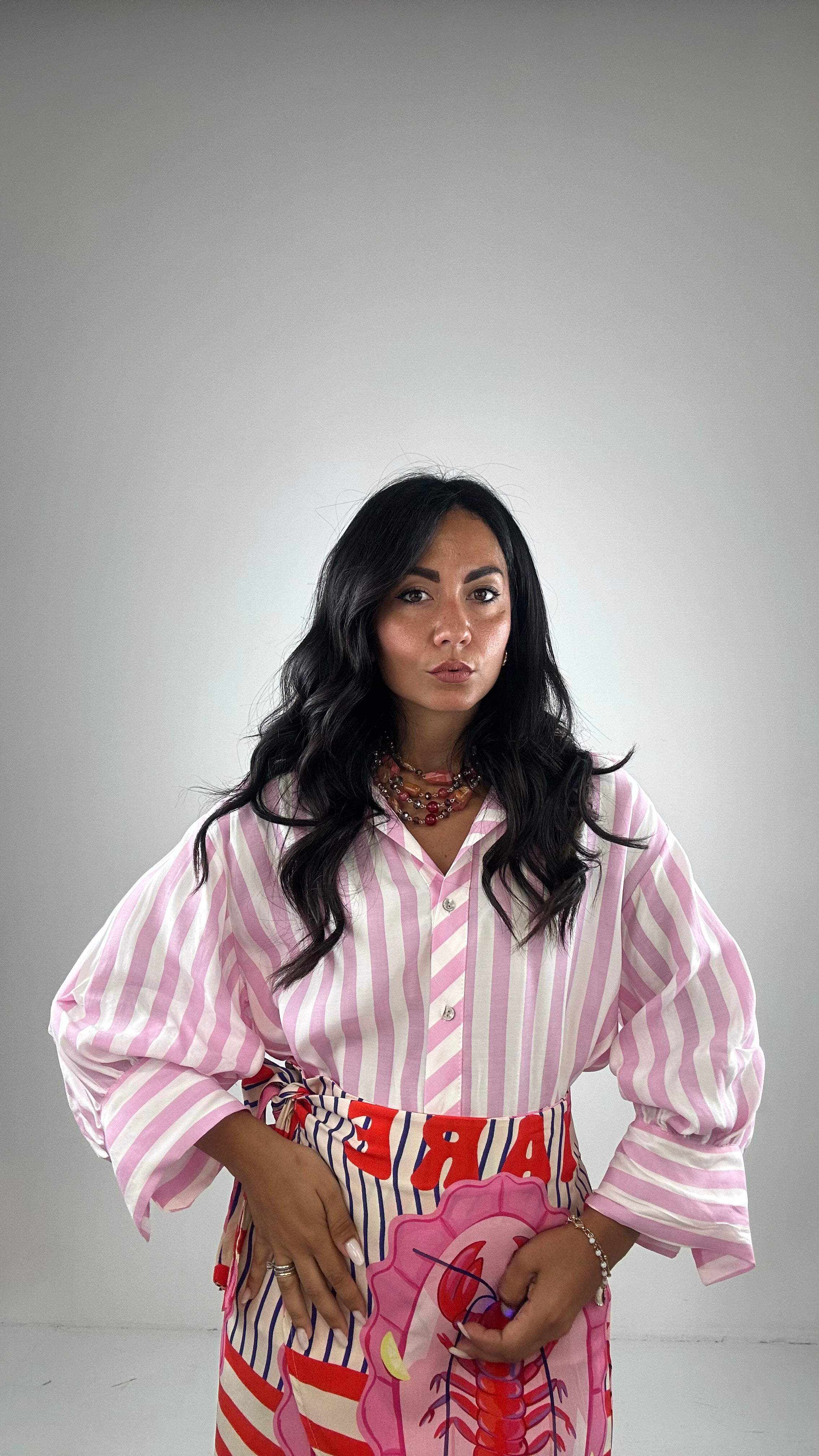 Camicia A RIGHE MANICA PALLONCINO - ROSA