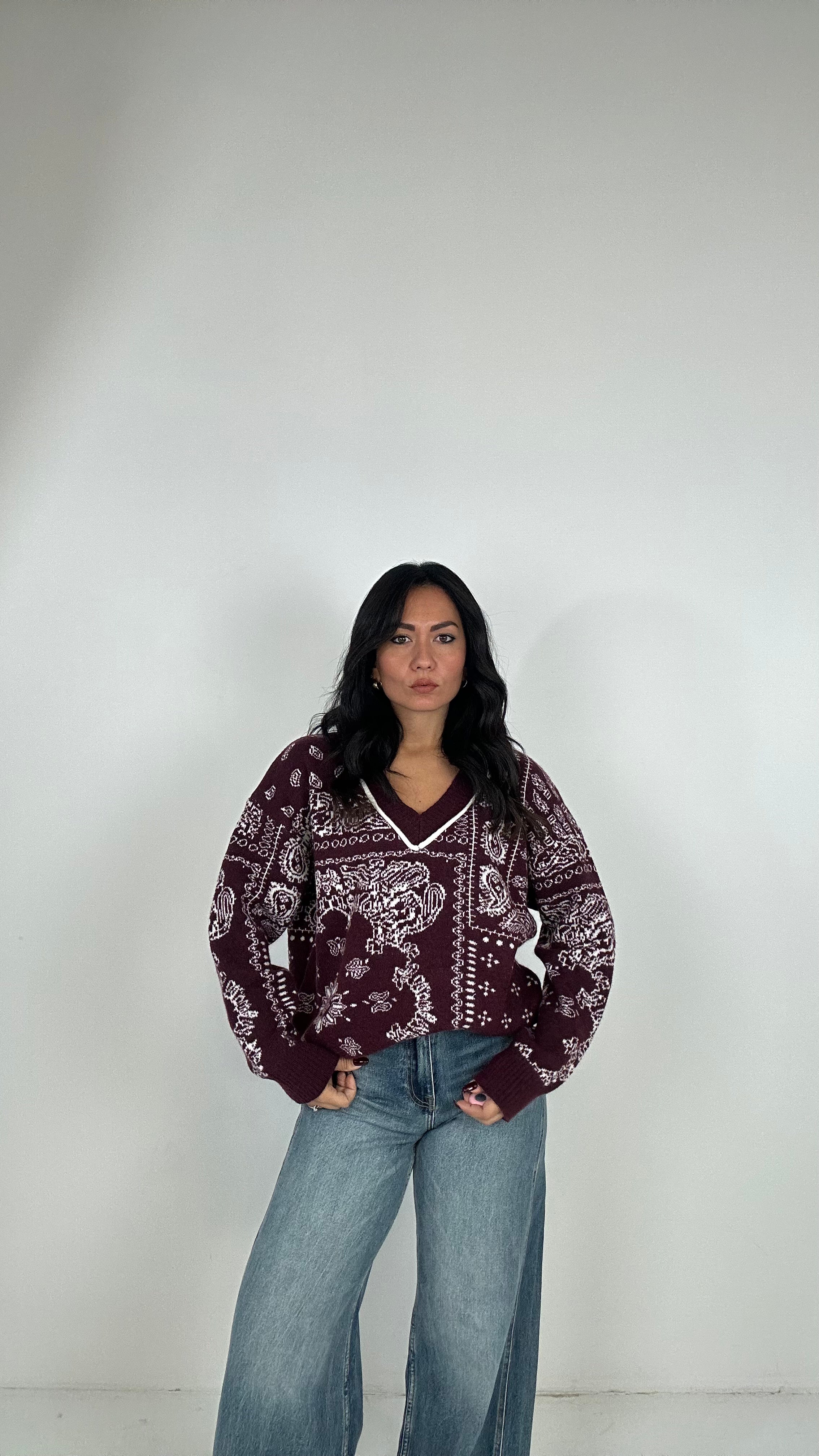 Pull V BANDANA - BORDEAUX