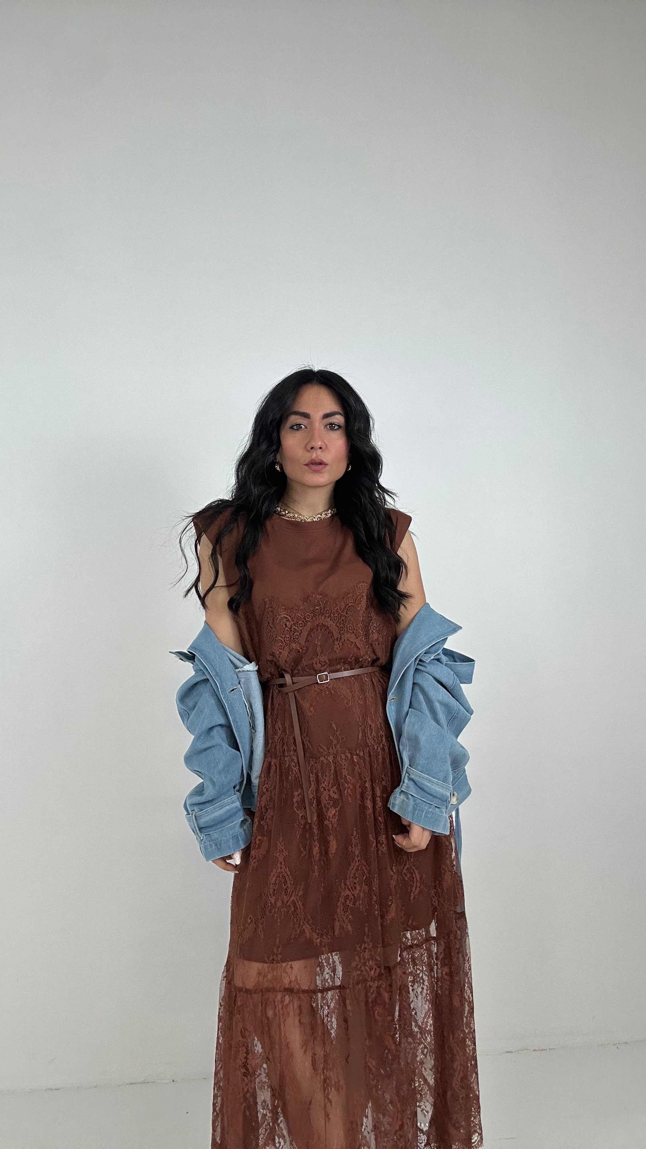 Maglia-ABITO CON PIZZO - MARRONE