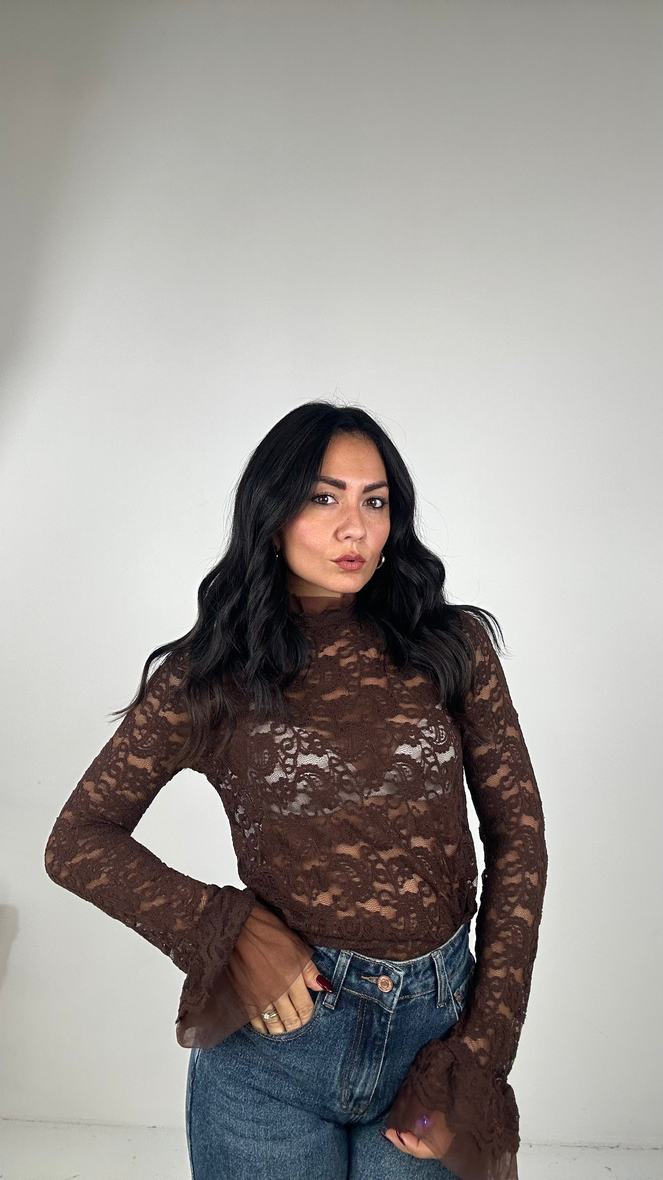 Blusa PIZZO MANICA LARGA - MARRONE