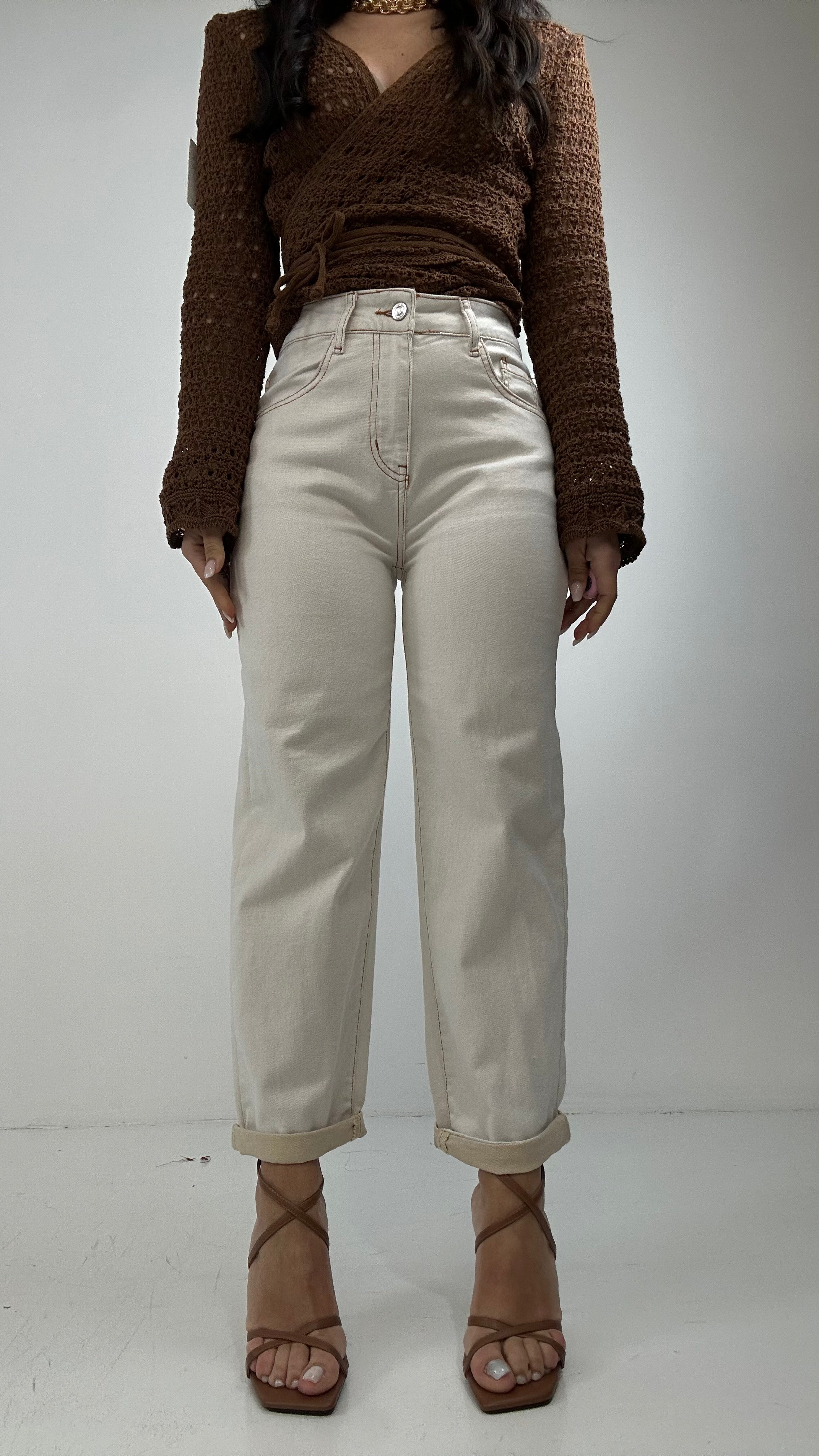 Jeans MOM-FIT PIEGHETTA BEIGE - BIANCO