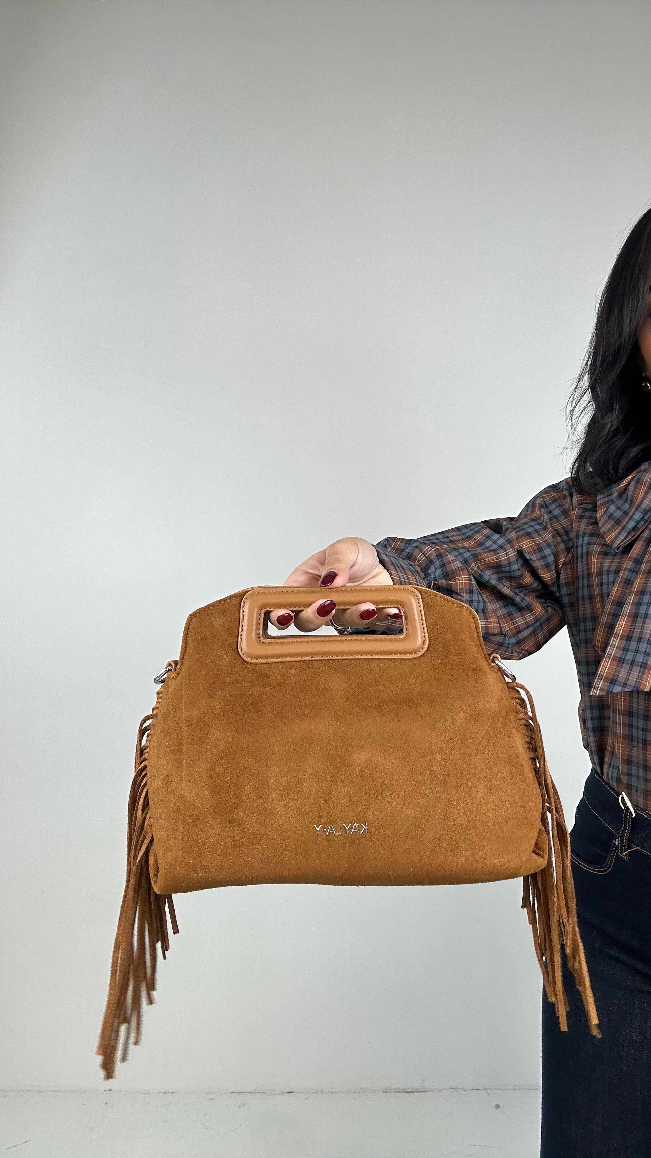 Borsa IN ECOCAMOSCIO FRANGE - CAMMELLO