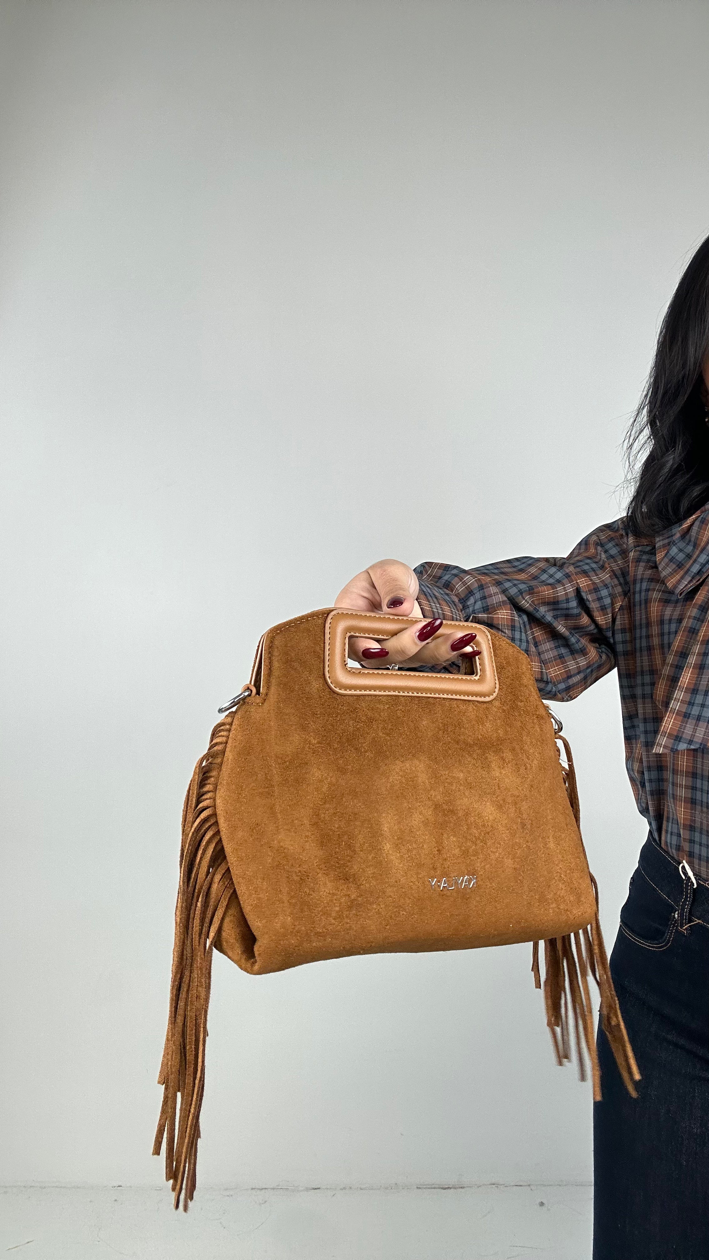 Borsa IN ECOCAMOSCIO FRANGE - CAMMELLO