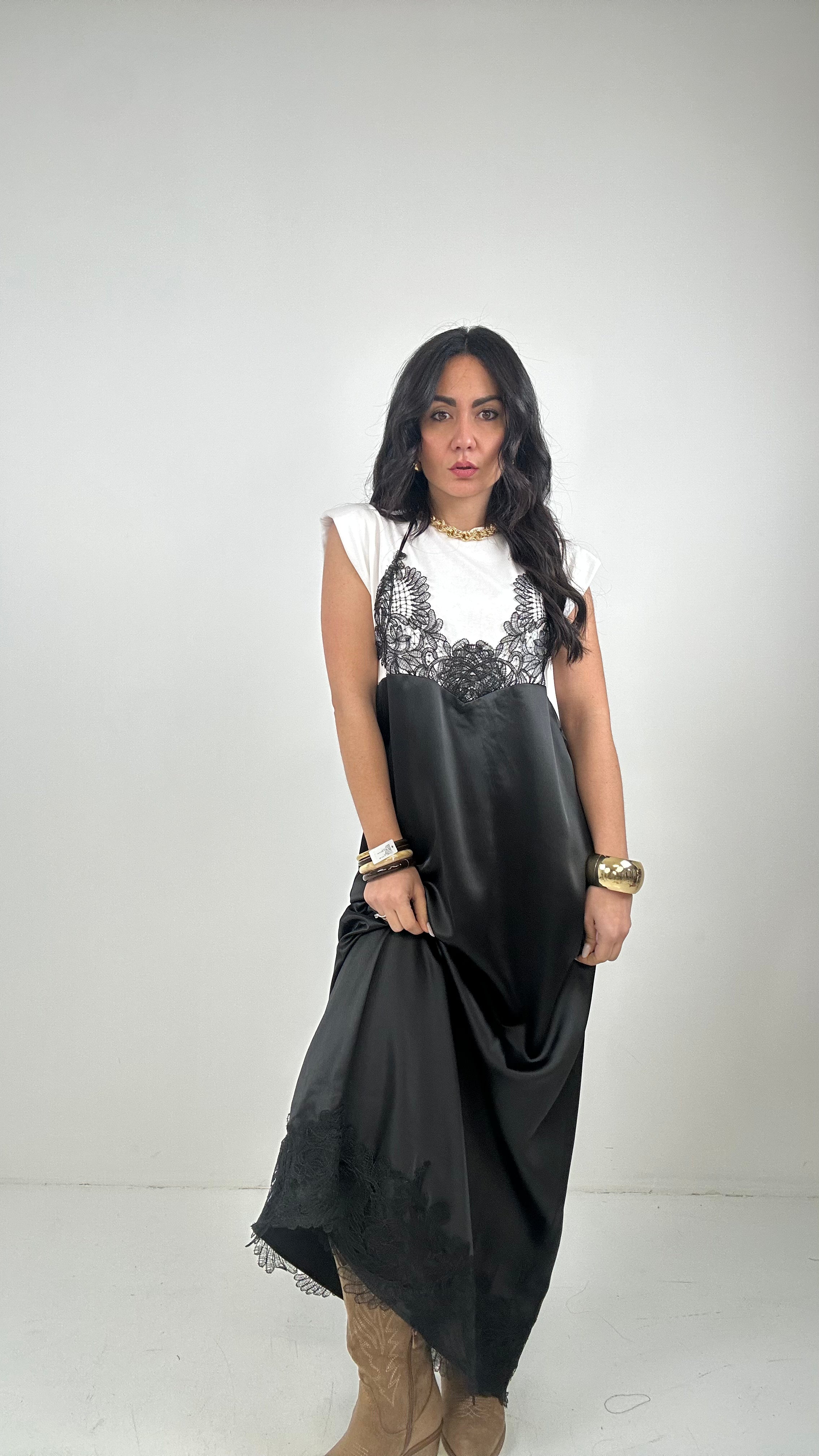 Vestito CON SATIN E PIZZO - NERO