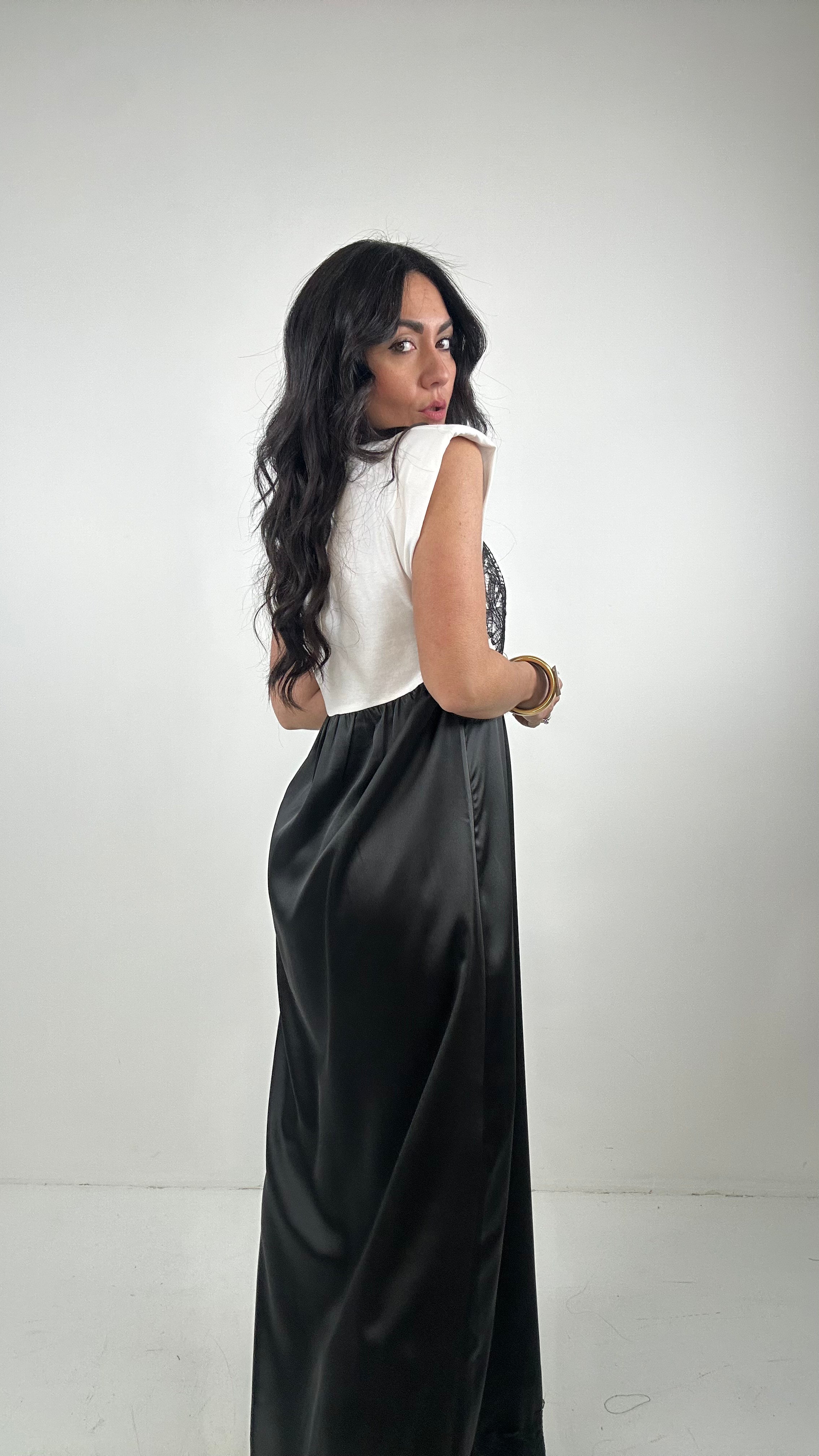 Vestito CON SATIN E PIZZO - NERO