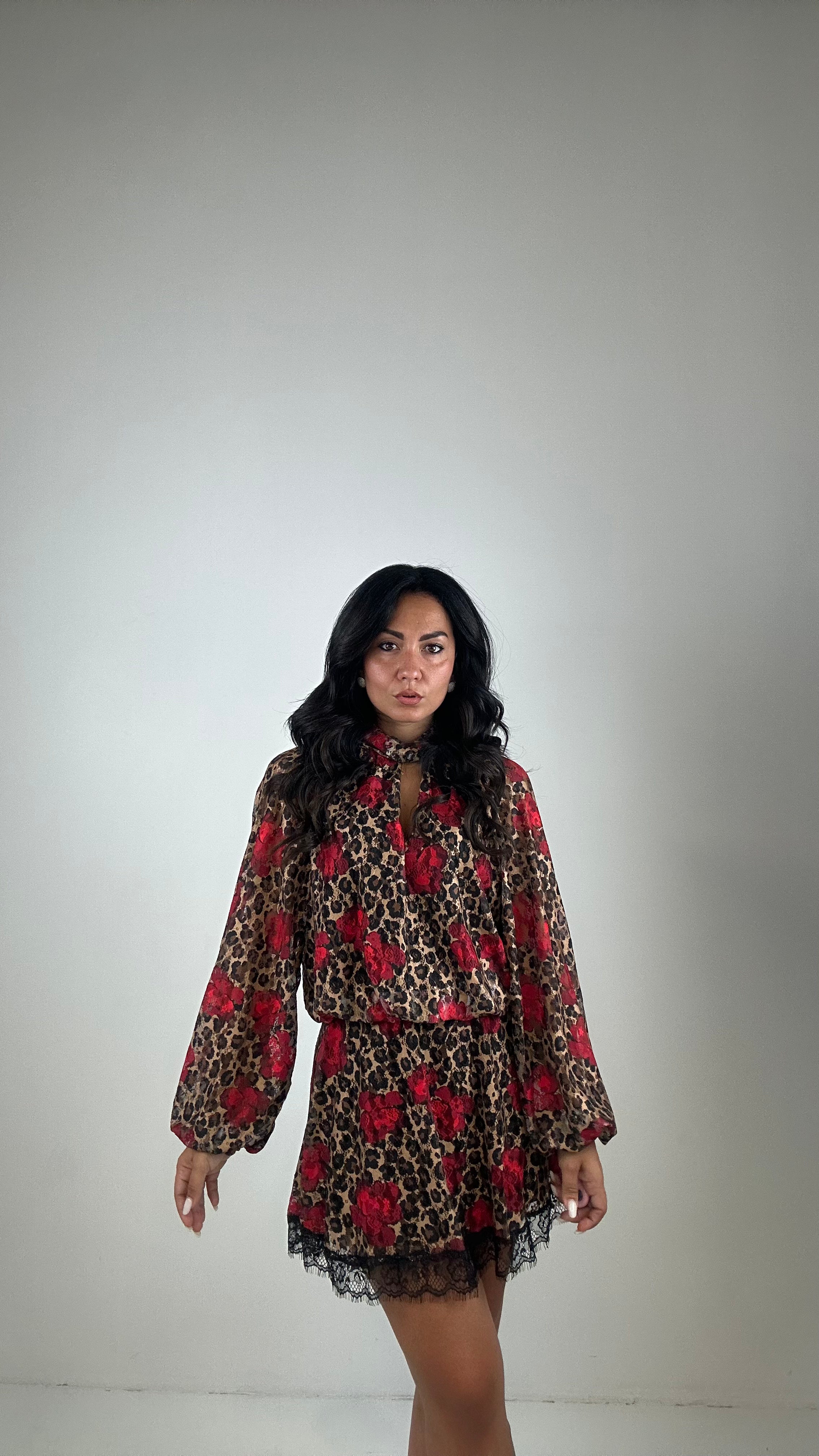 Vestito LUMINA MACULATO ROSE ROSSE - MARRONE