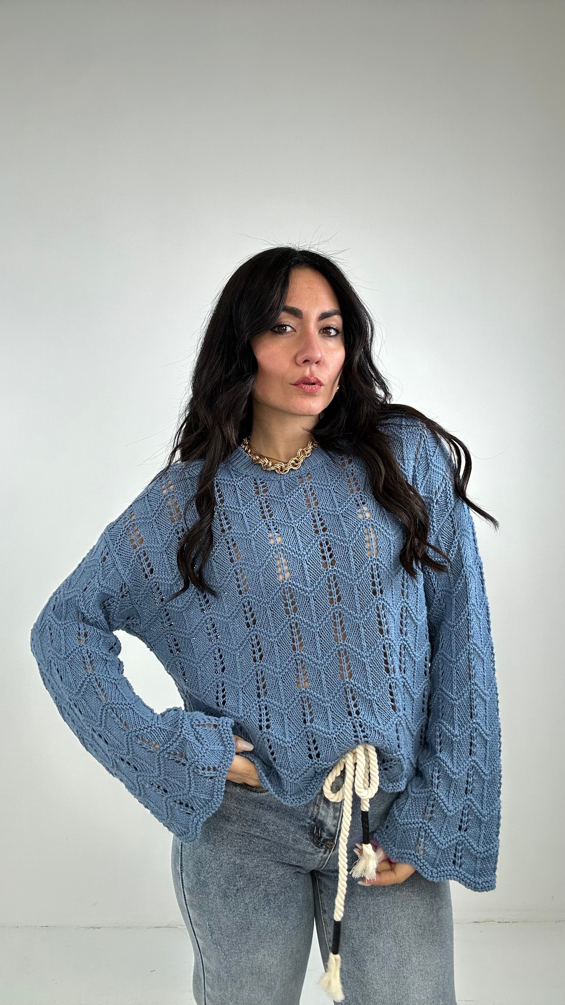 Pull TRAFORATO TINTA UNITA - AZZURRO