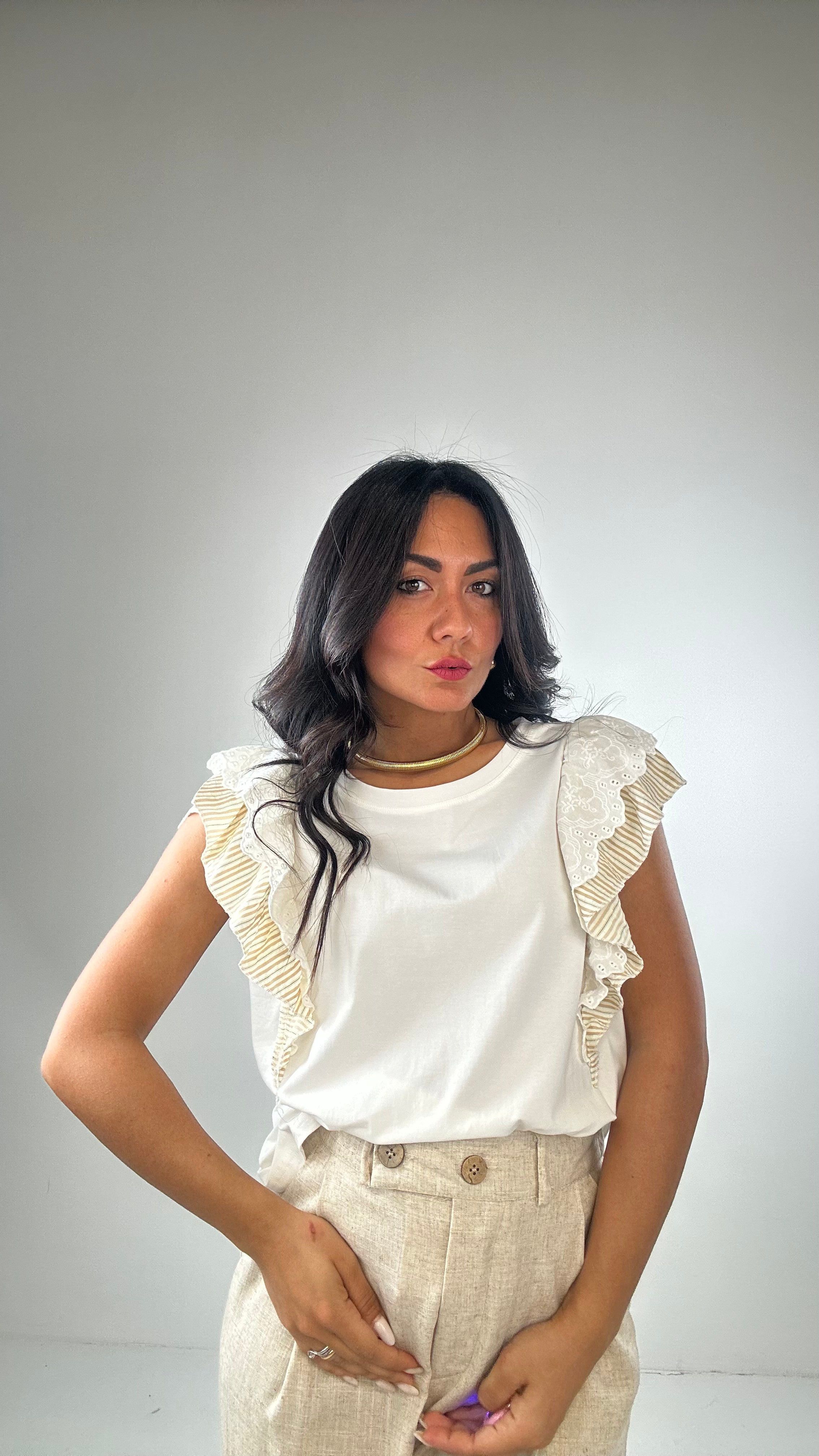 T-shirt VOLANT RIGHE - BEIGE