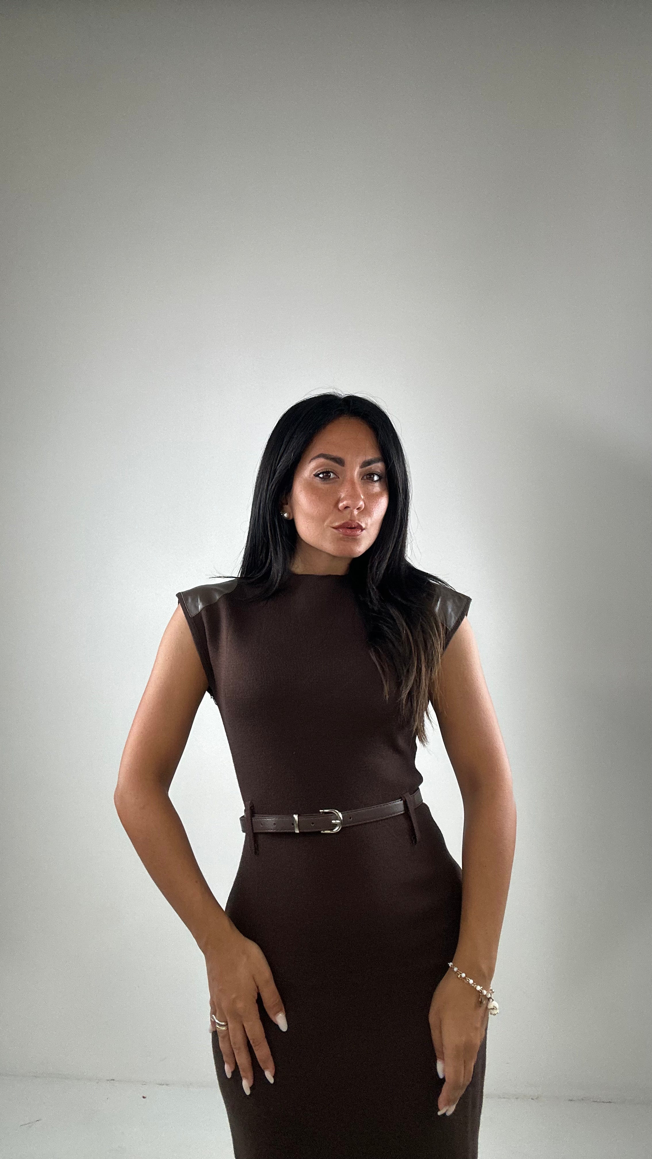 Vestito IN MAGLIA CON PARTI ECOPELLE - MARRONE