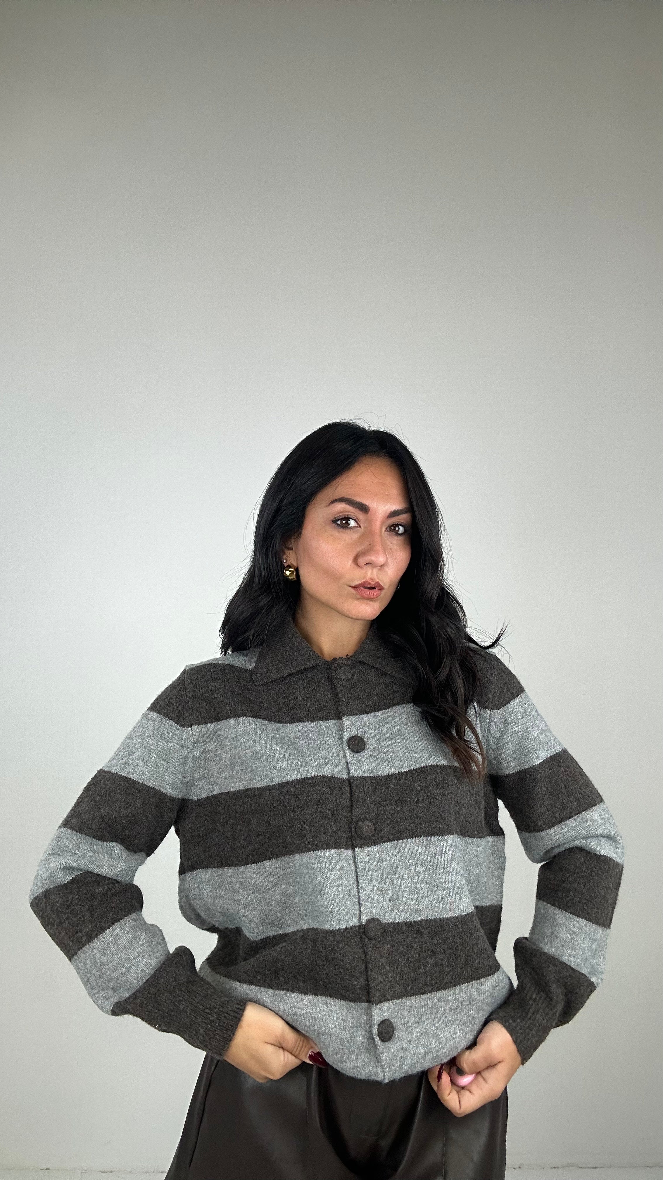 Pull CARDIGAN A RIGHE - GRIGIO-MARRONE