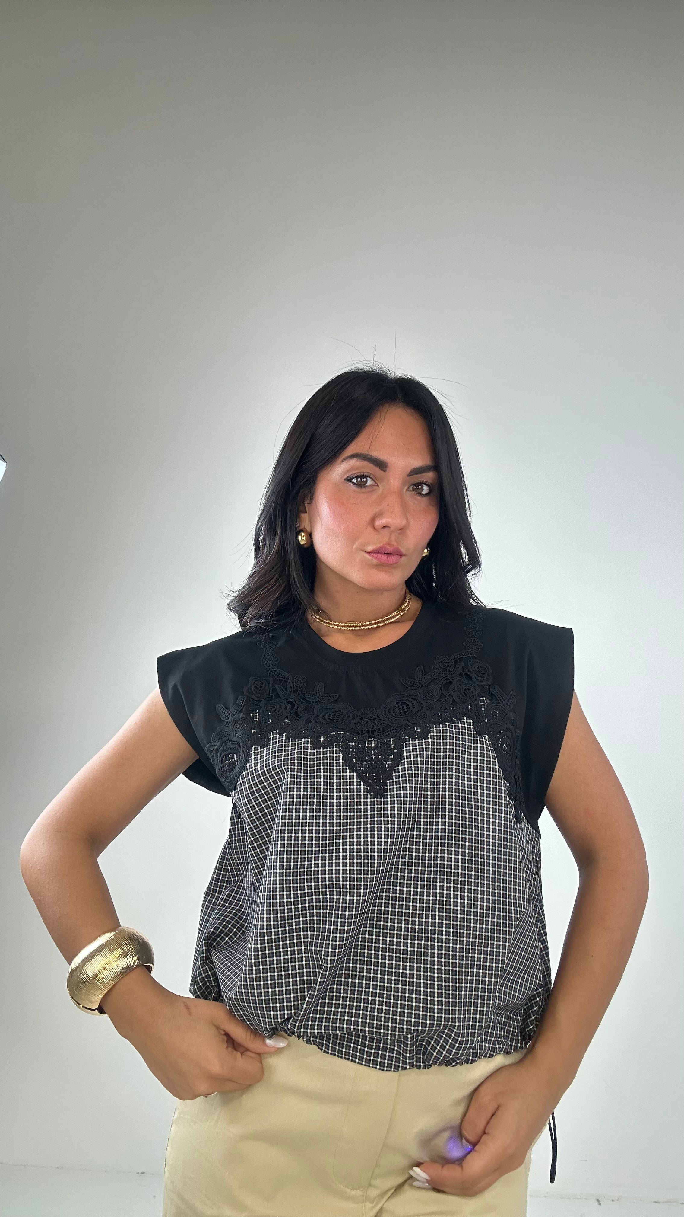 Maglia PIZZO E QUADRETTI - NERO