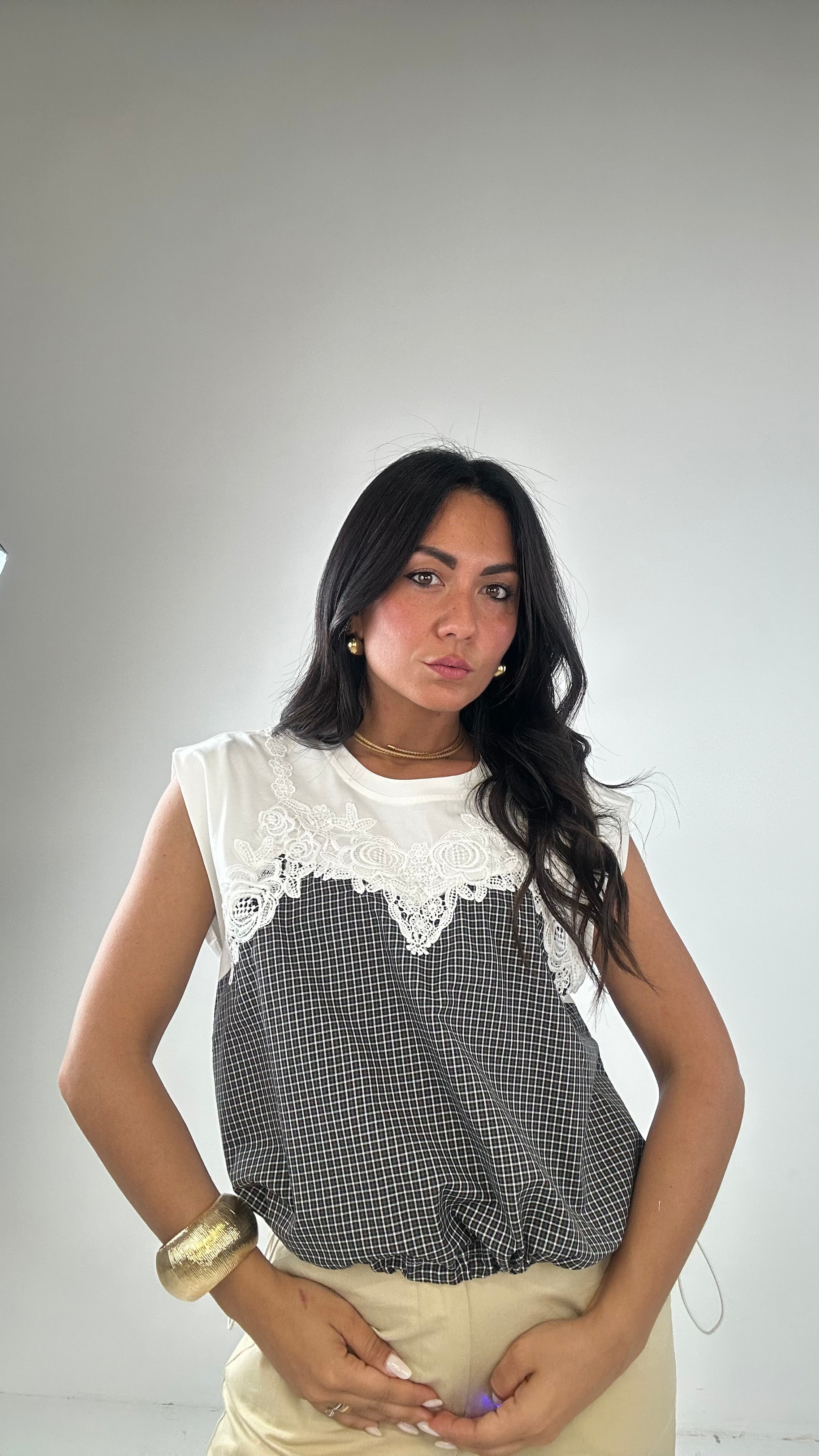 Maglia PIZZO E QUADRETTI - BIANCO