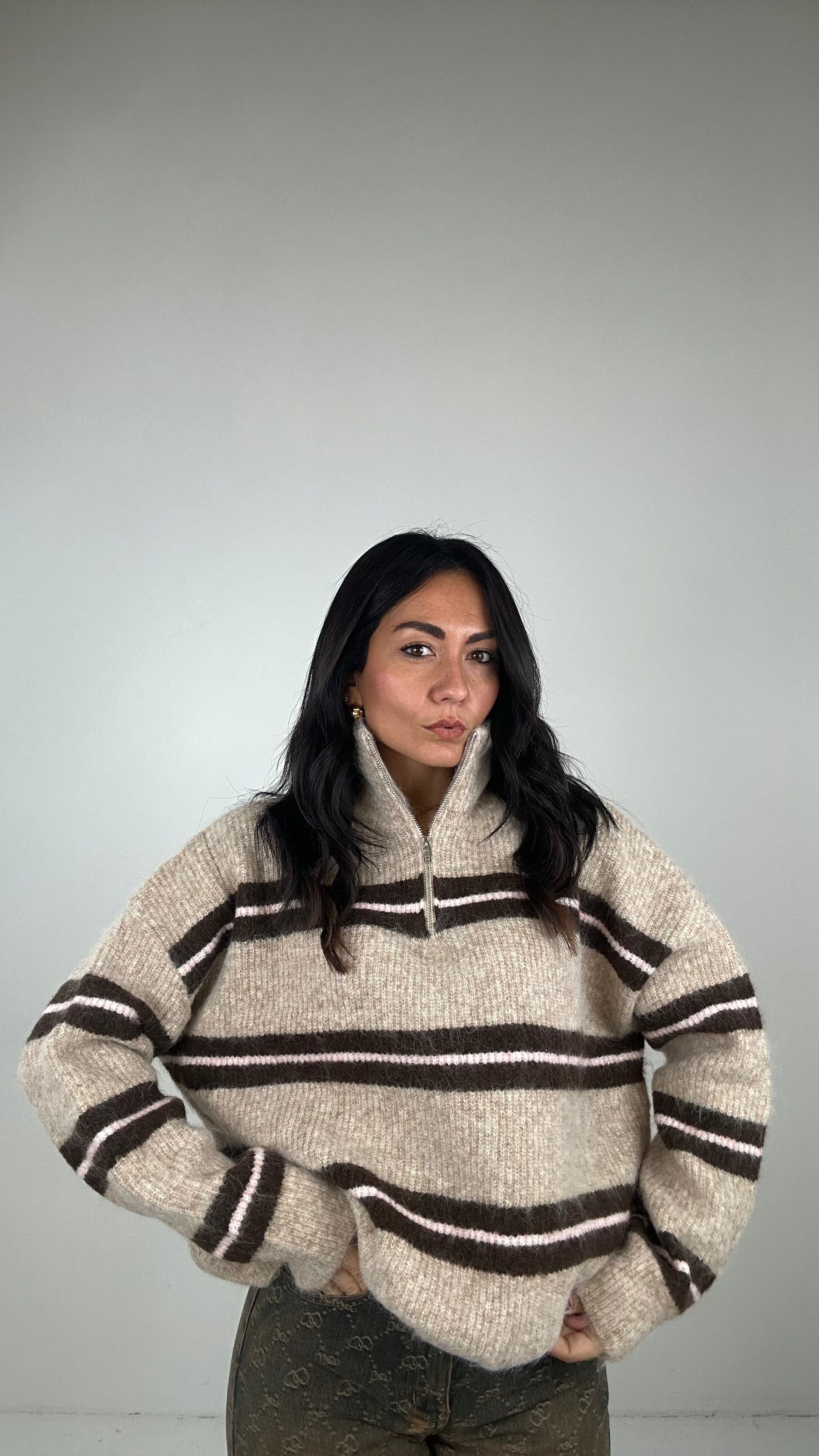 Pull RIGHE ZIP - BEIGE