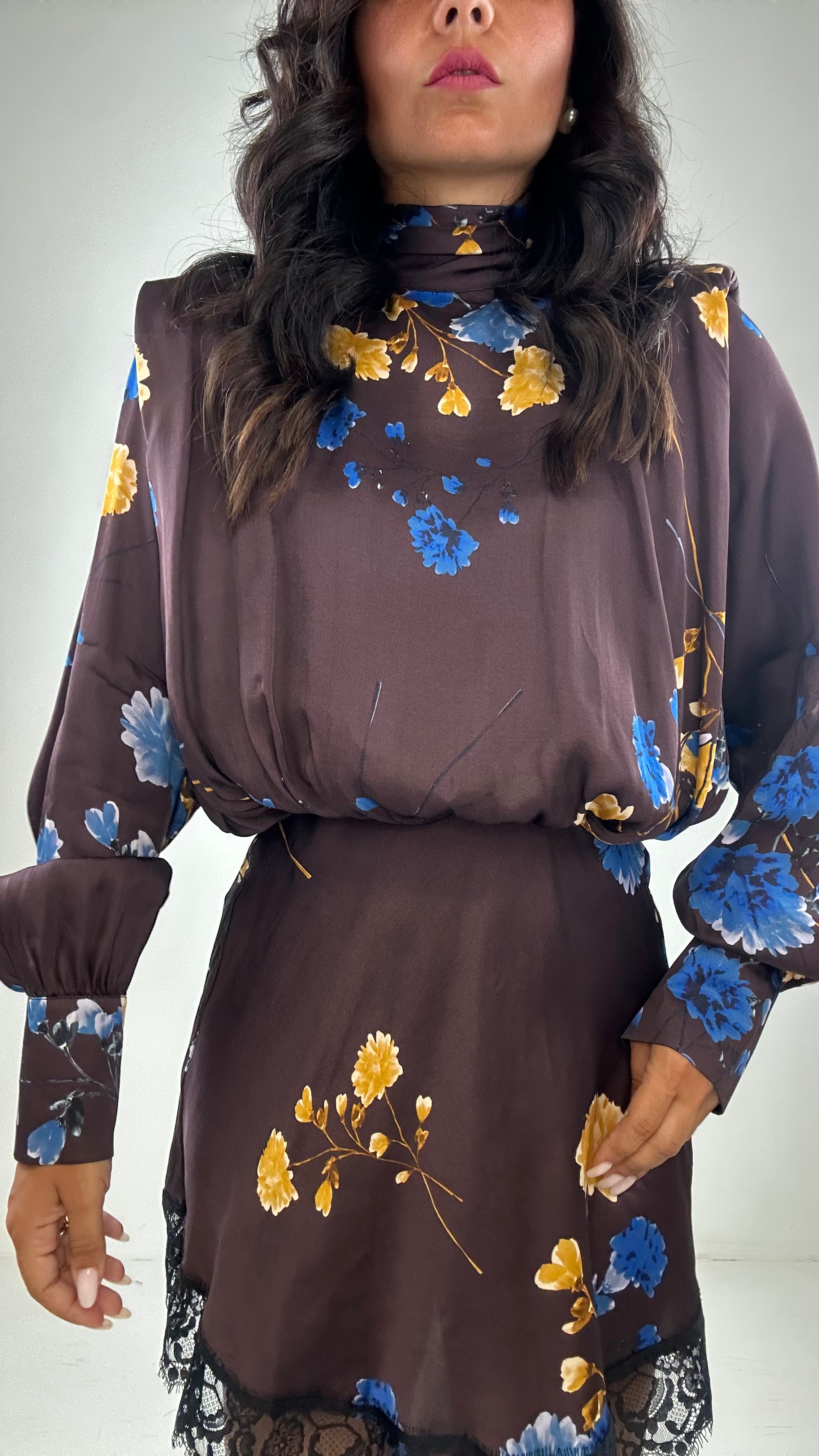 Vestito LUMINA SATIN A FIORI - MARRONE