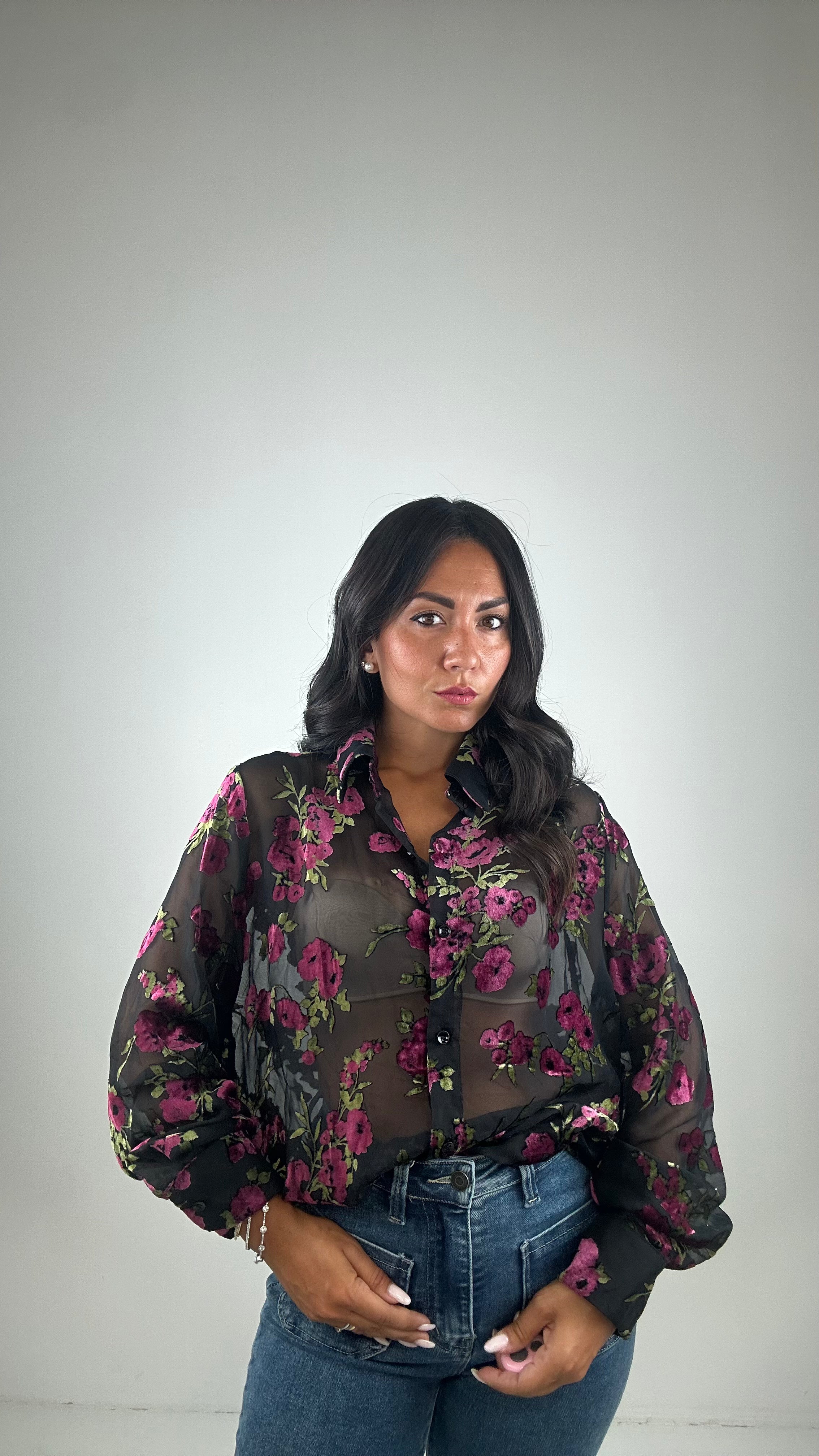 Camicia CON FIORI IN VELLUTO - FUCSIA