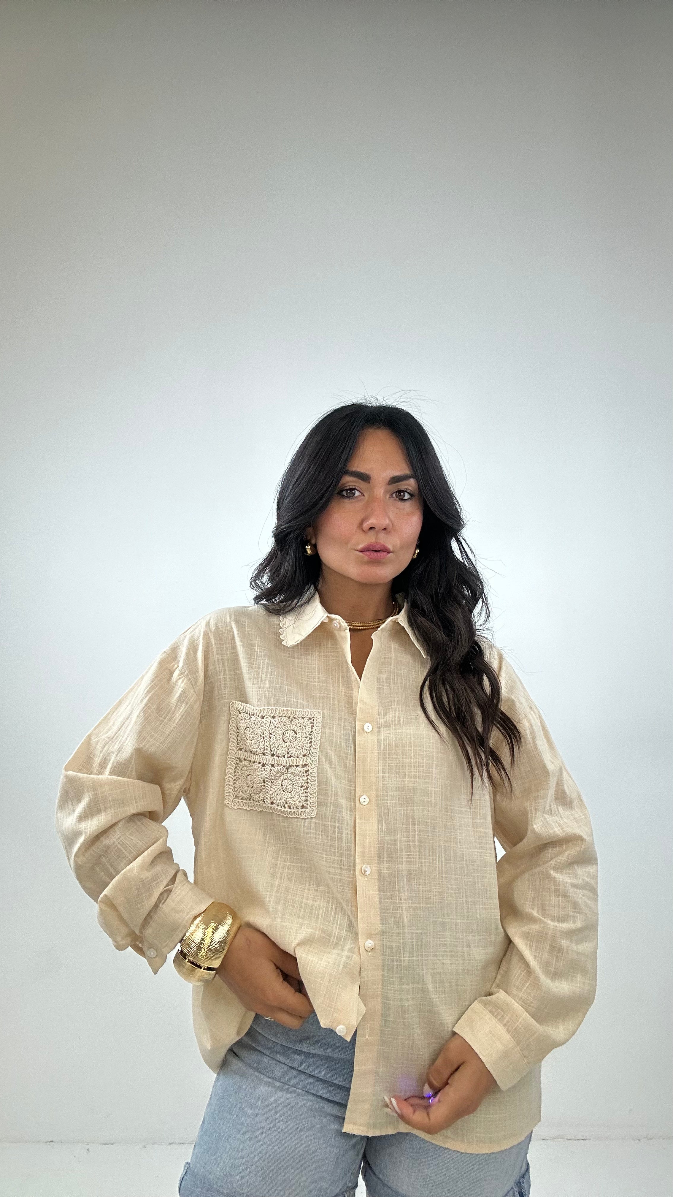 Camicia CON TASCHINO RICAMO - BEIGE