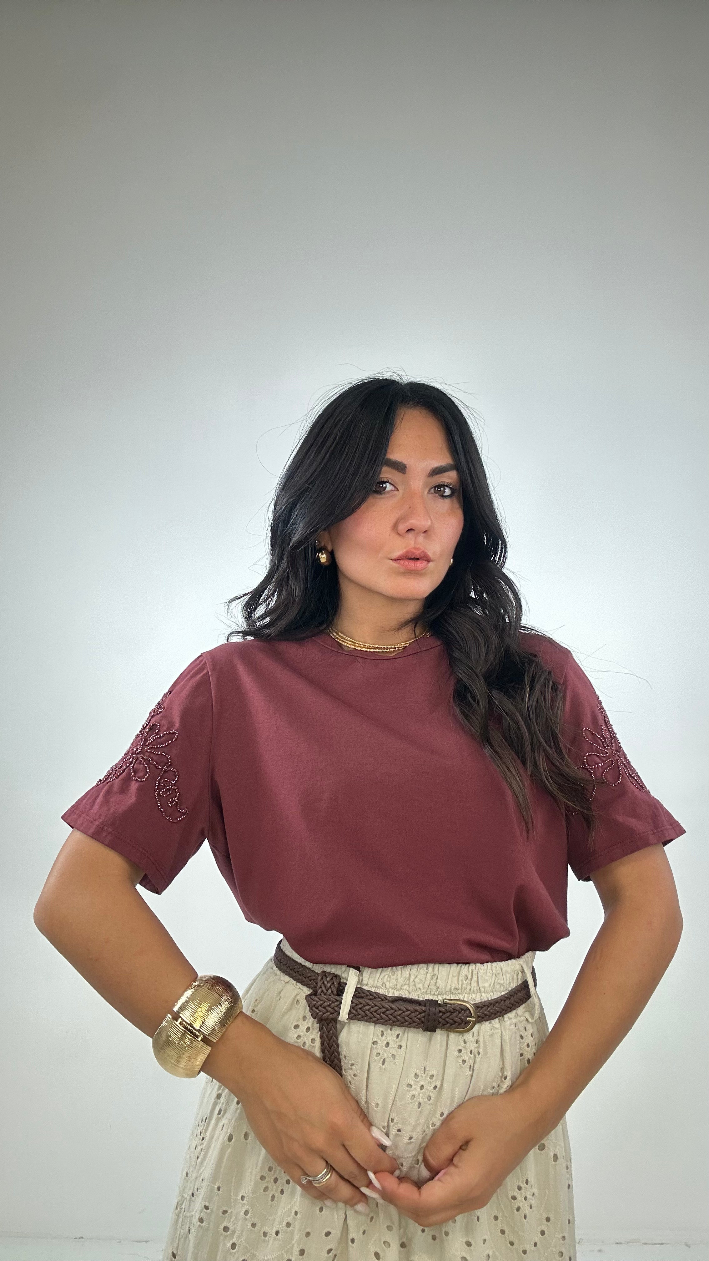 T-shirt FIORE RICAMATO MANICA - BORDEAUX