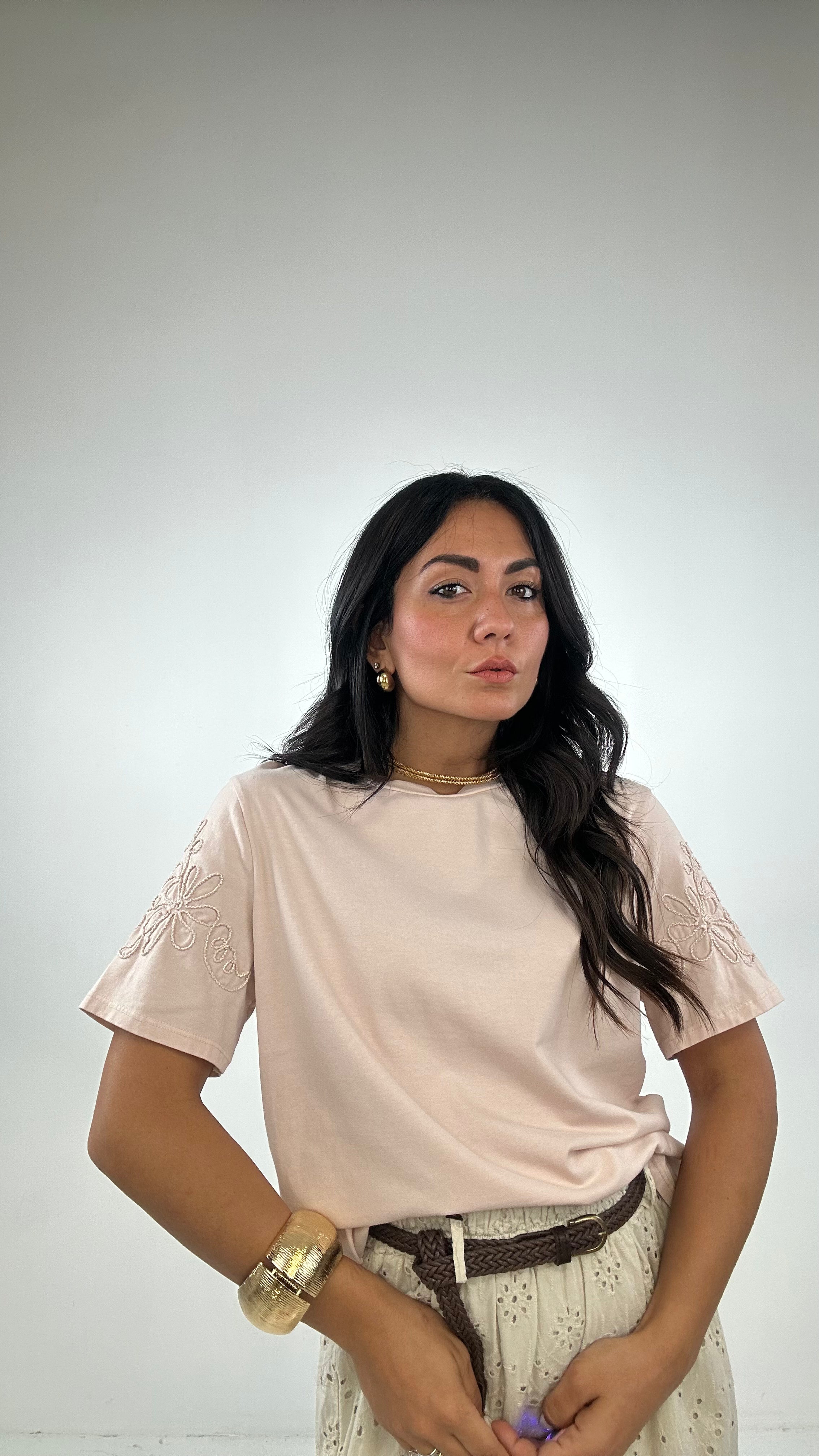 T-shirt FIORE RICAMATO MANICA - ROSA