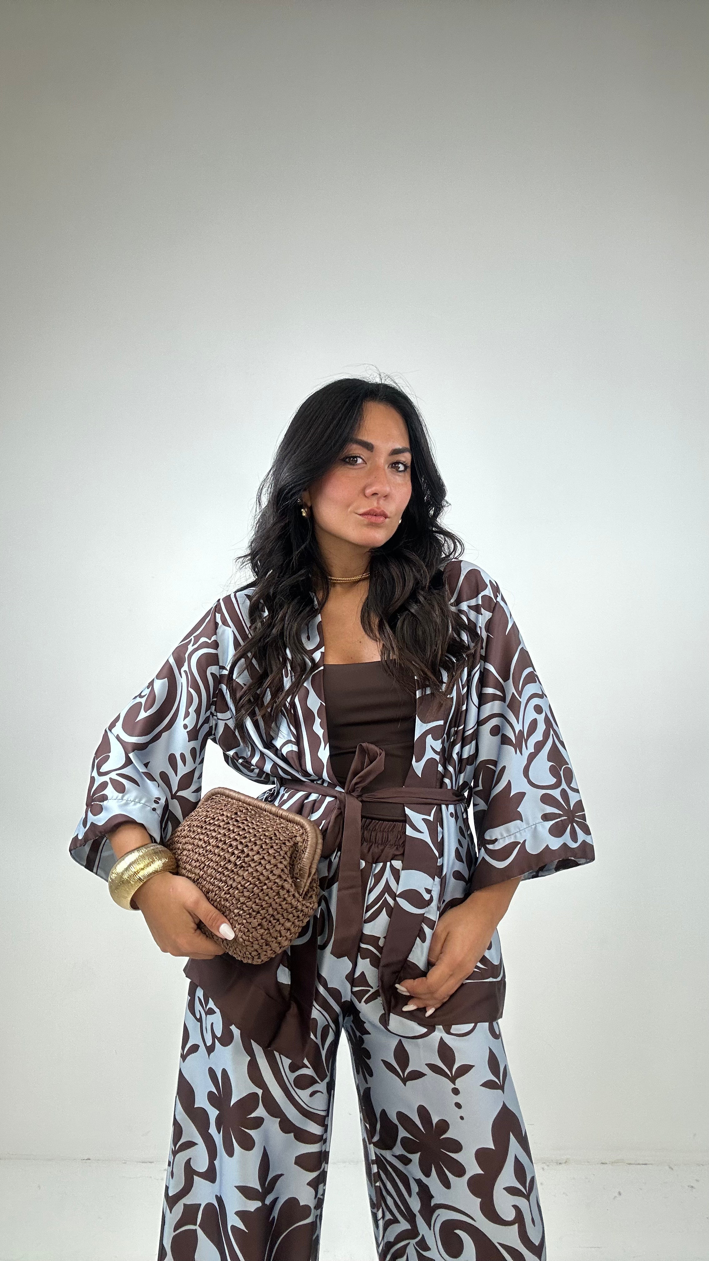 Completo KIMONO FANTASY - MARRONE-CELESTE