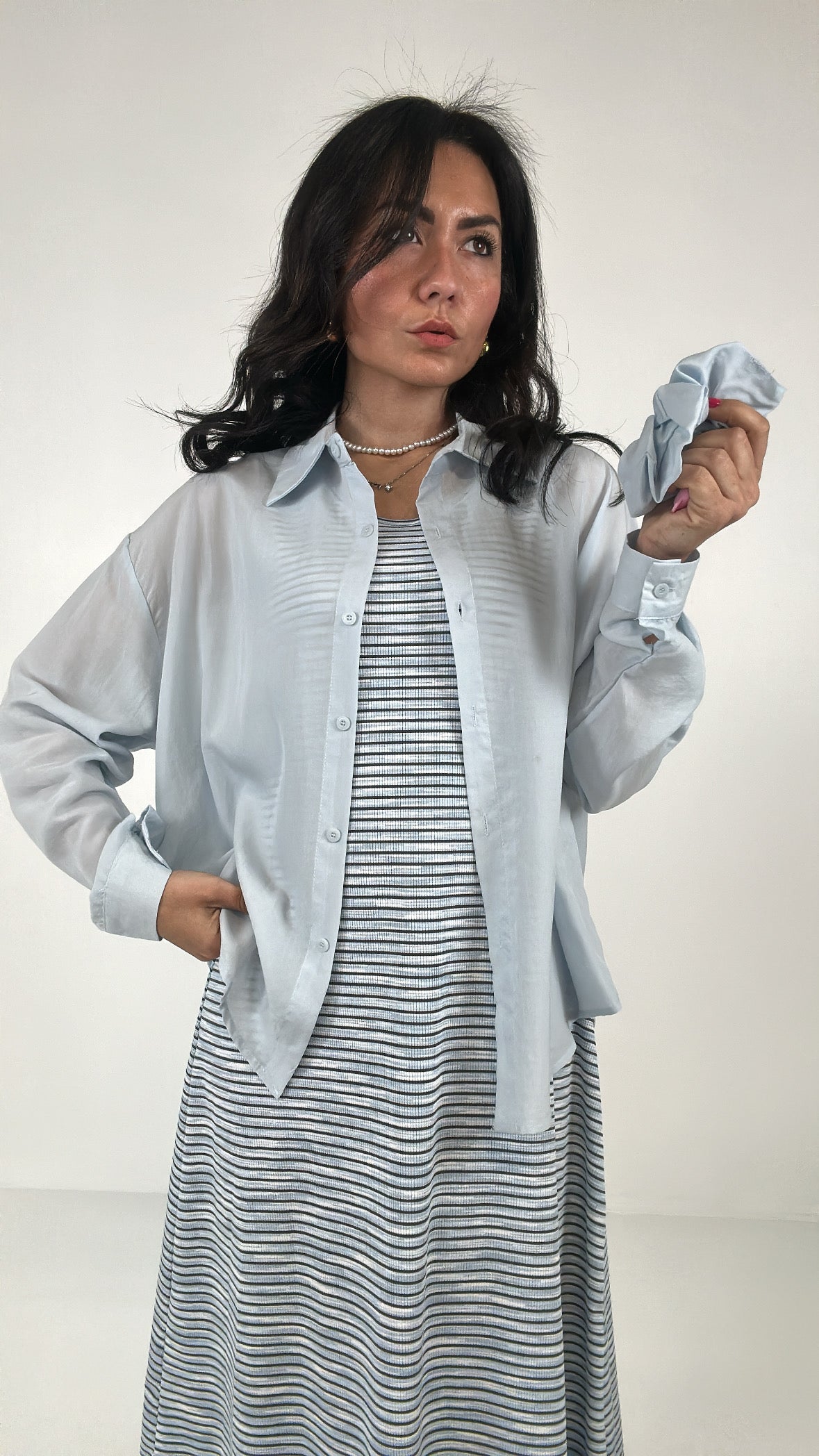 Vestito RIIGHE, CAMICIA ED ELASTICO - CELESTE