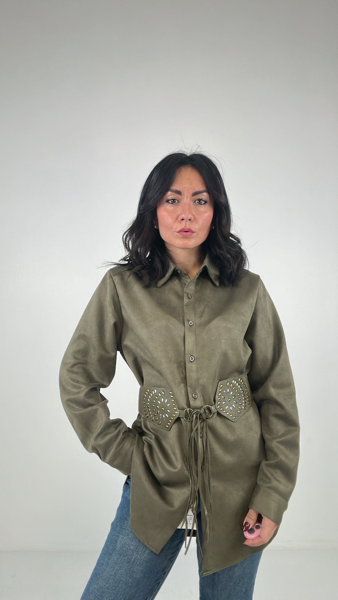 Camicia IN CAMOSCIO CON CINTURA - VERDE MILITARE