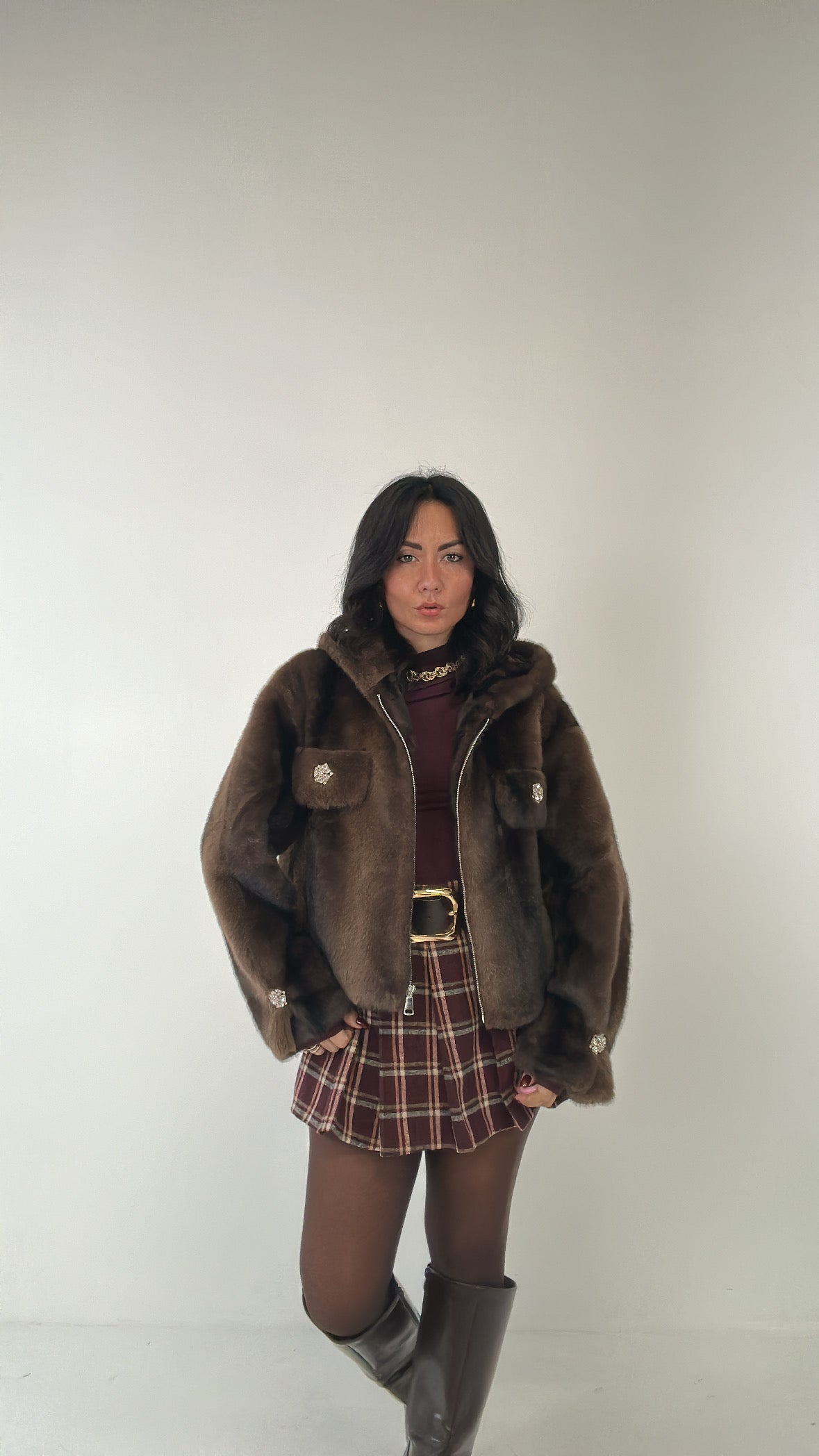 Ecopelliccia CAPPUCCIO E STRASS - MARRONE