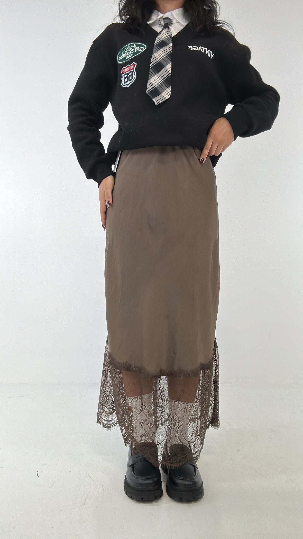 Gonna SATIN CON PIZZO - MARRONE