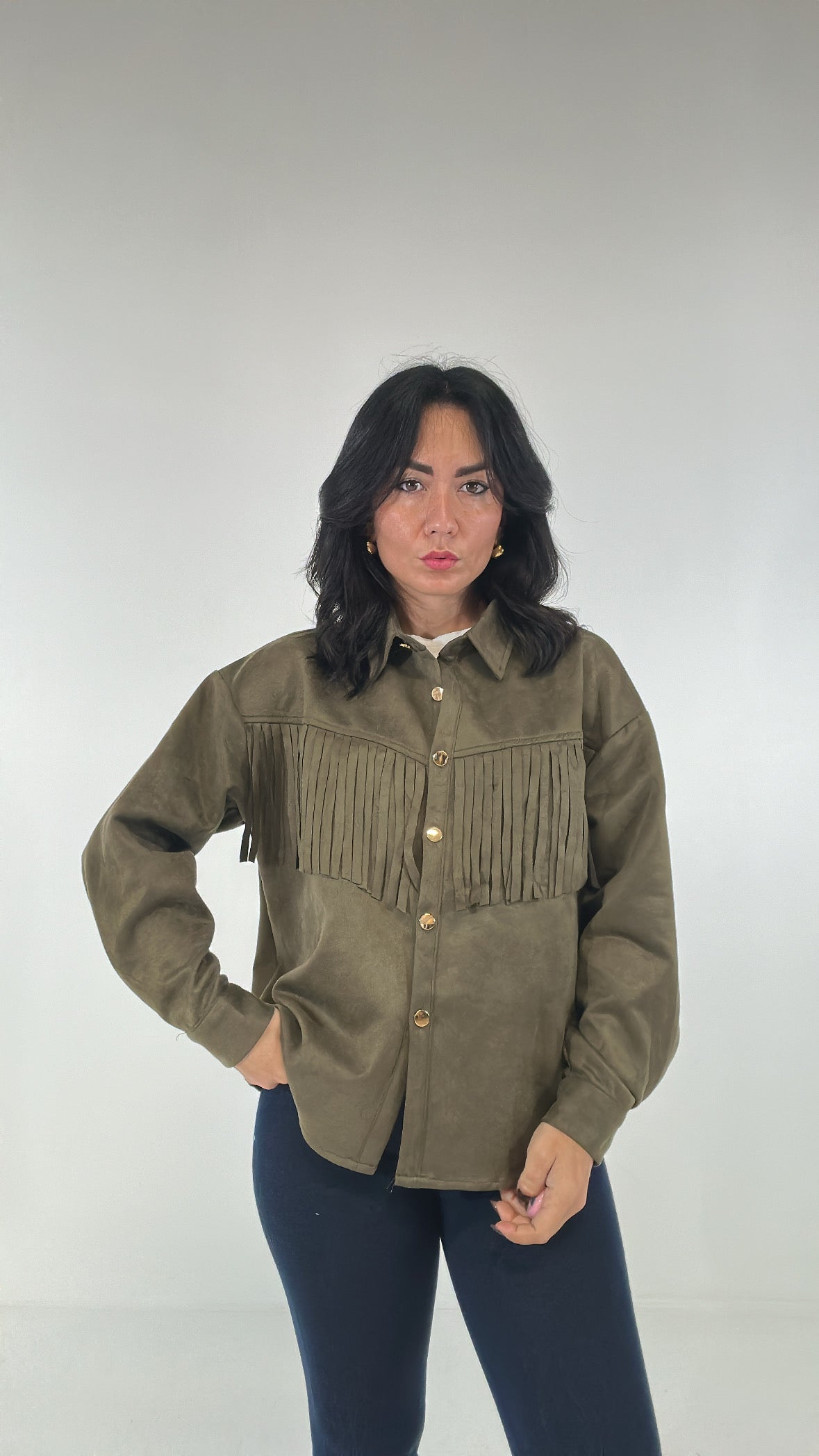 Camicia IN CAMOSCIO CON FRANGE - VERDE MILITARE