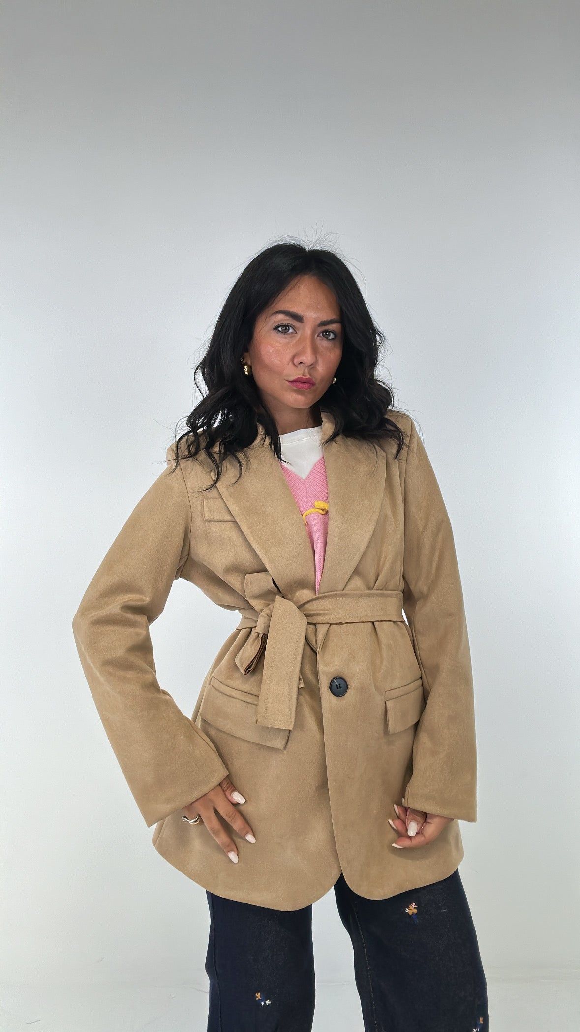 Giacca IN CAMOSCIO CON CINTURA - BEIGE