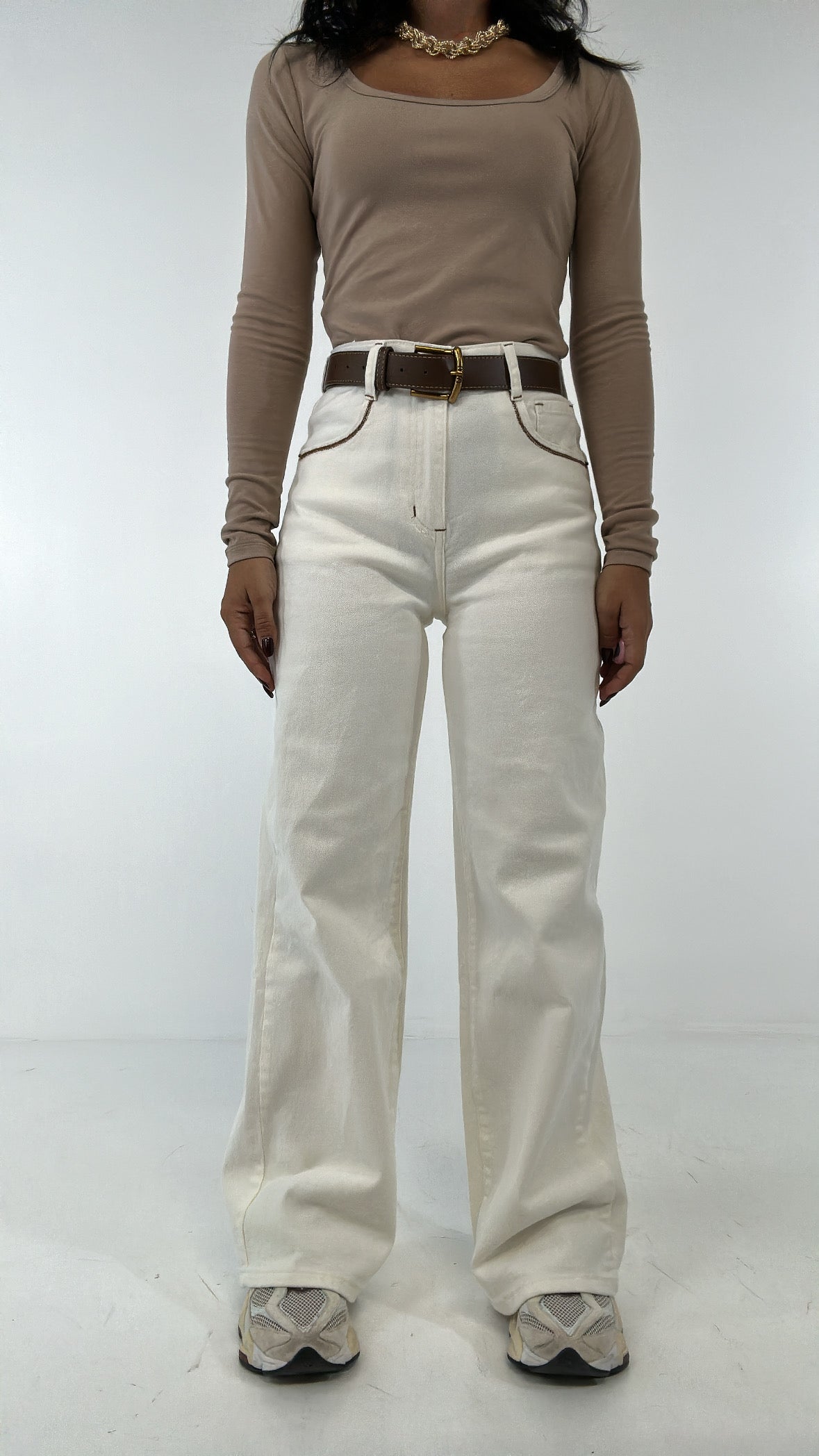 Jeans IMPUNTURA CON CINTURA - BIANCO