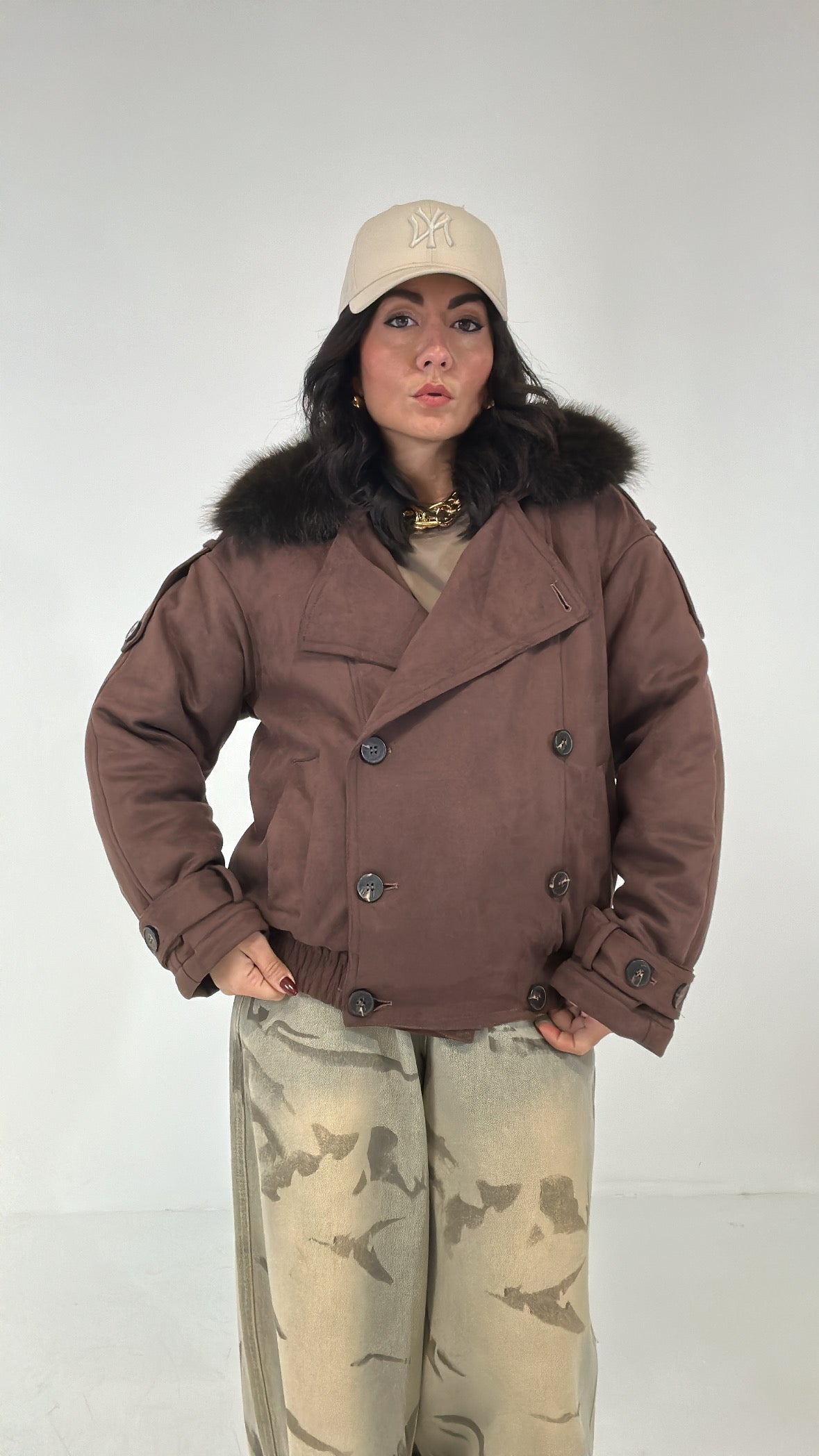 Bomber CAMOSCIO E COLLO IN PELLICCIA - MARRONE