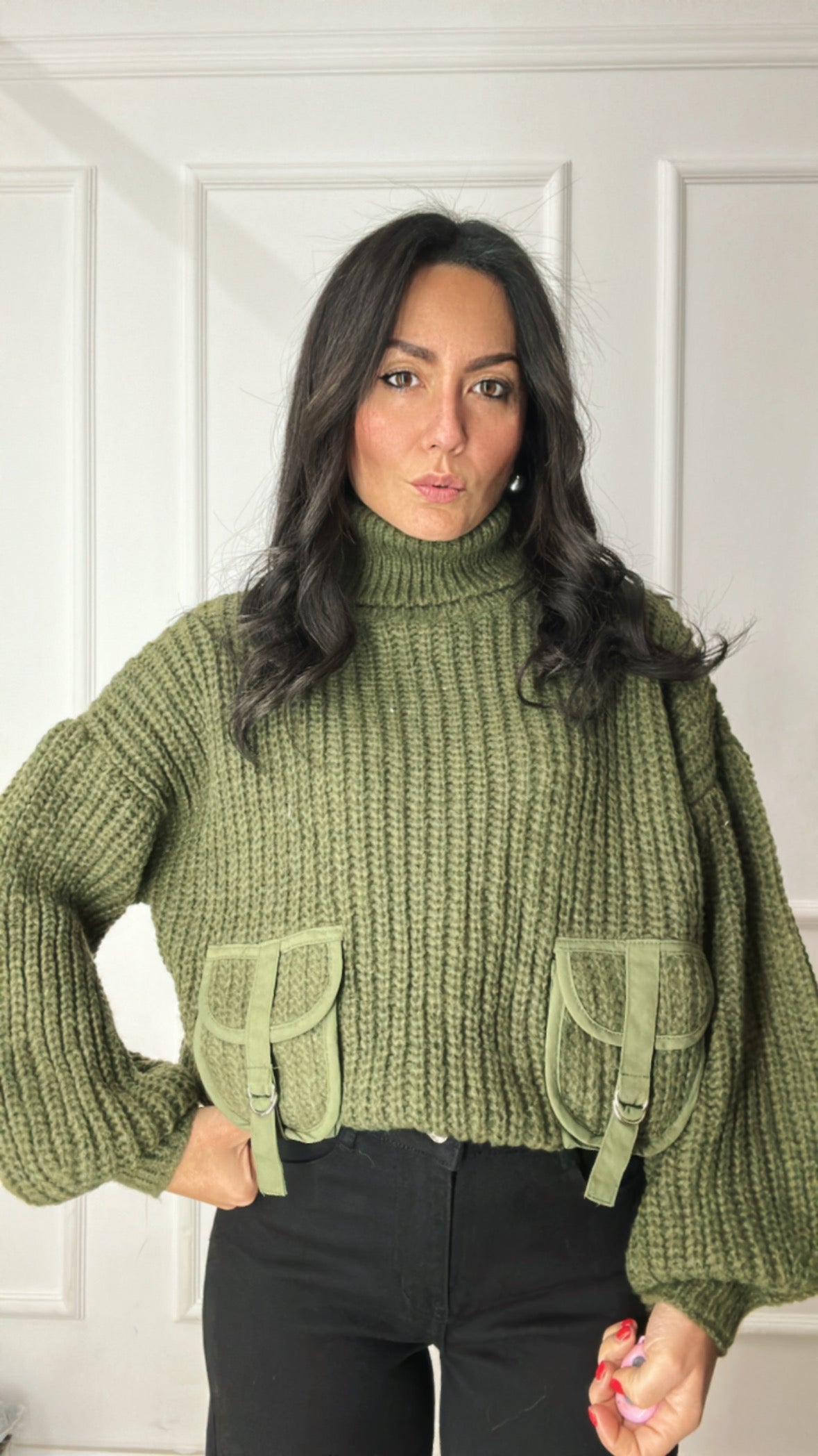 Pull CON COLLO E TASCHE - VERDE MILITARE