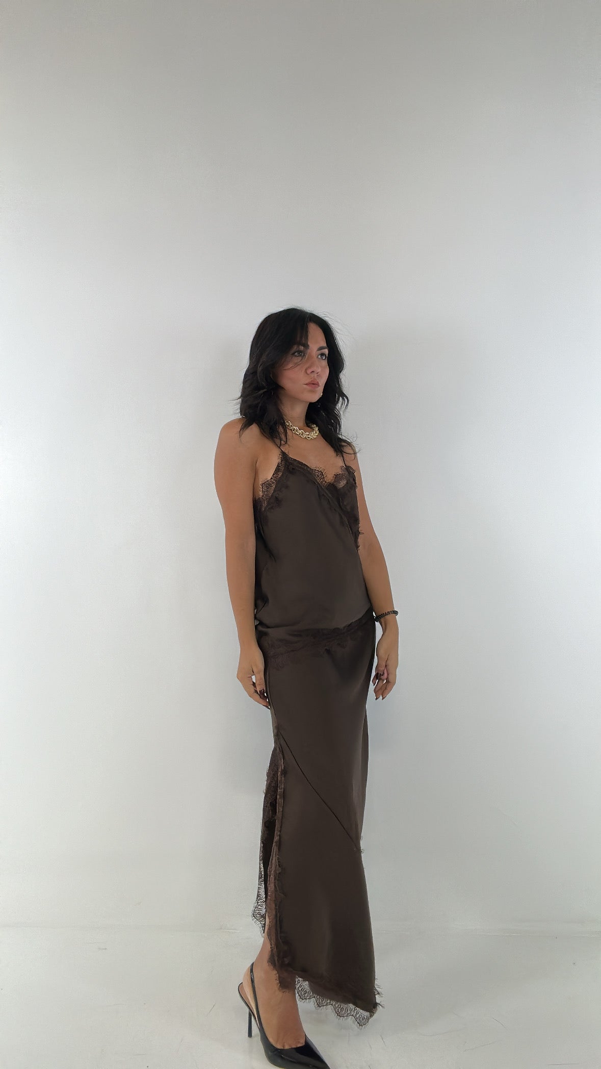 Gonna SATIN PIZZO TRASVERSALE - MARRONE
