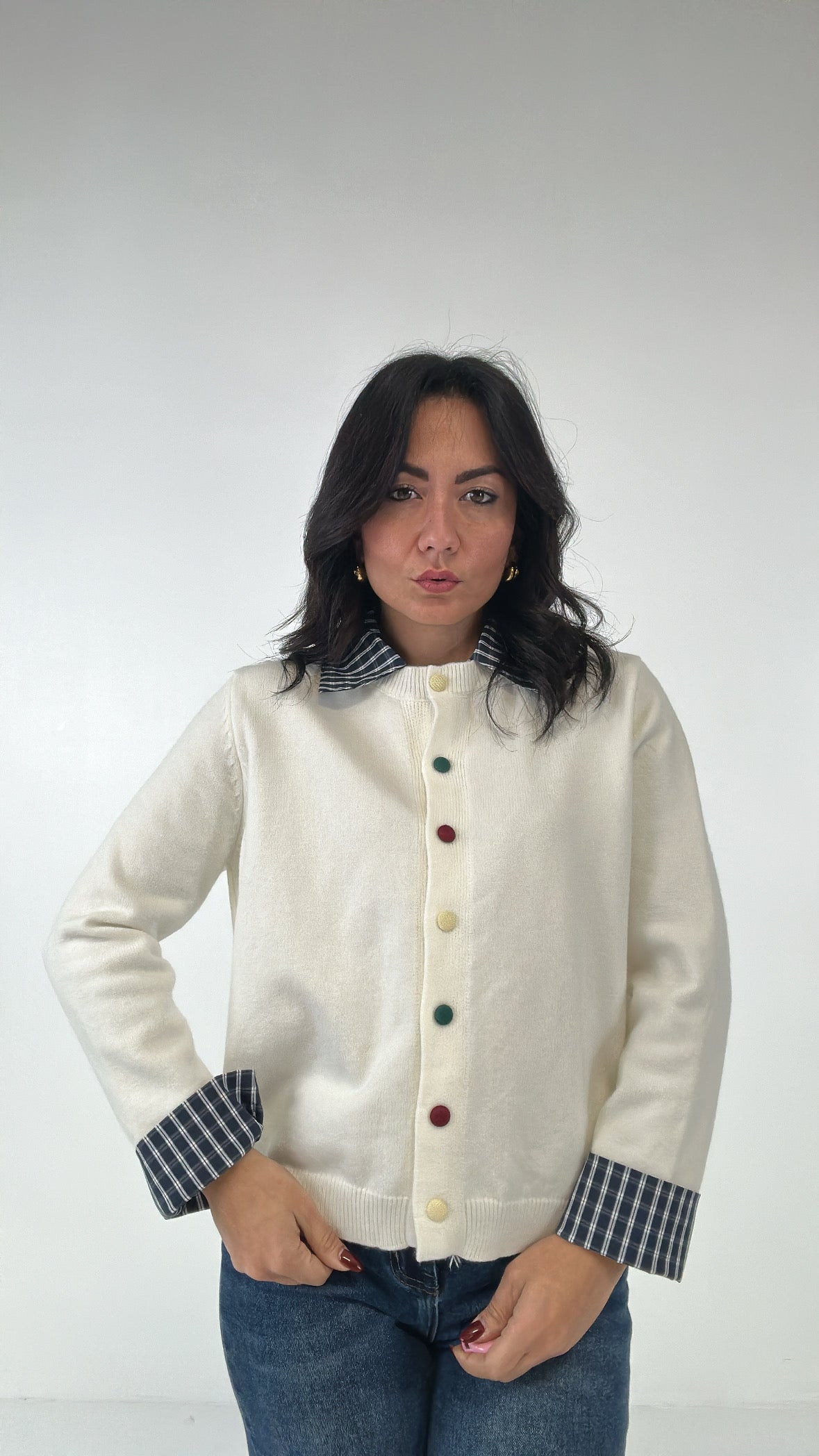 Cardigan COLLO QUADRETTI - BIANCO