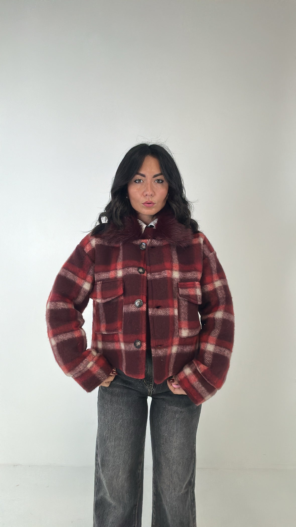 Cappotto CORTO A QUADRONI - BORDEAUX